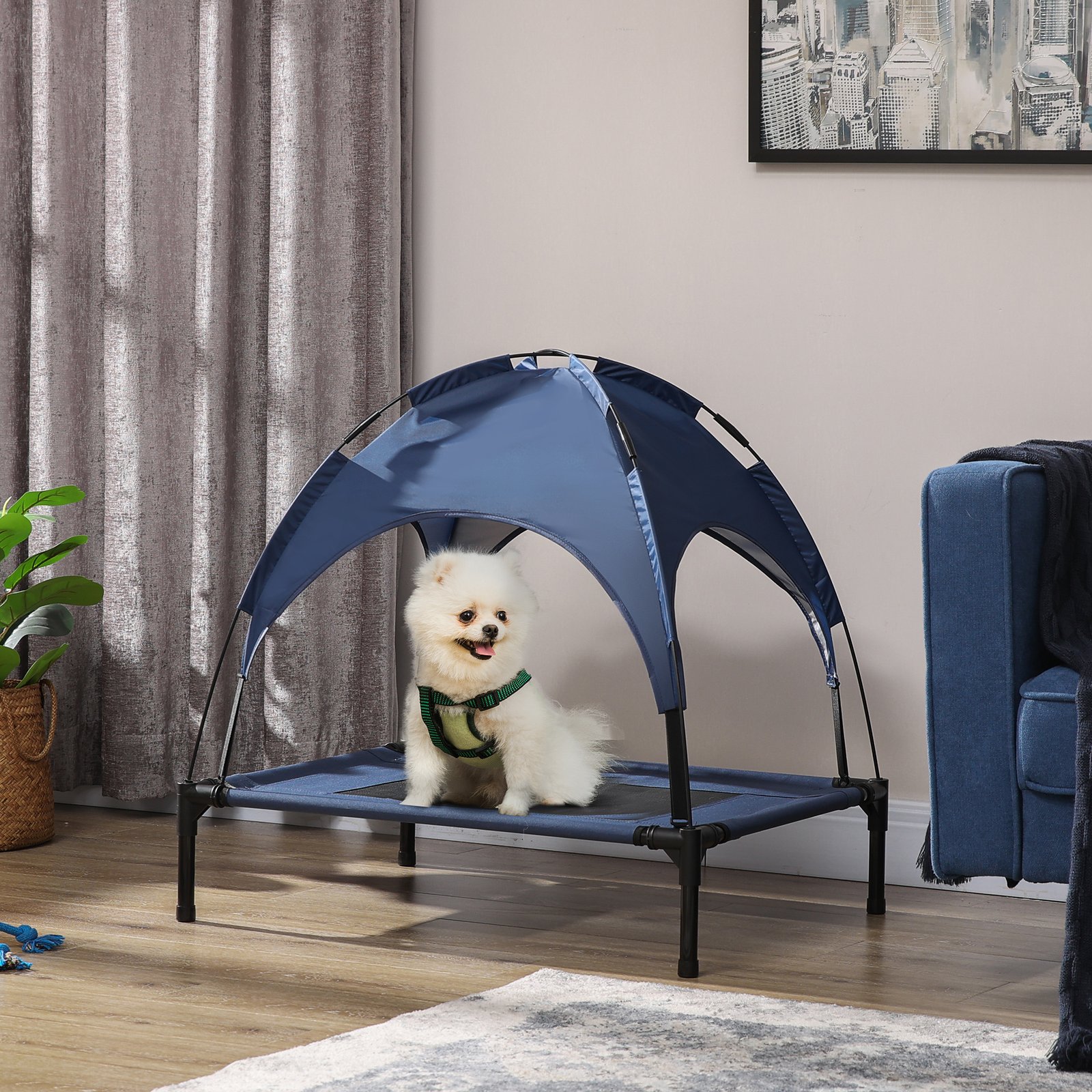 Outdoor Dog Bed with Removable Canopy, Portable Raised Dog Bed for Camping, Garden & Beach, Water-Resistant UV-Protection Mesh Pet Cot Sun Lounger, for Medium Pets, 76 x 61 x 73 cm, Dark Blue