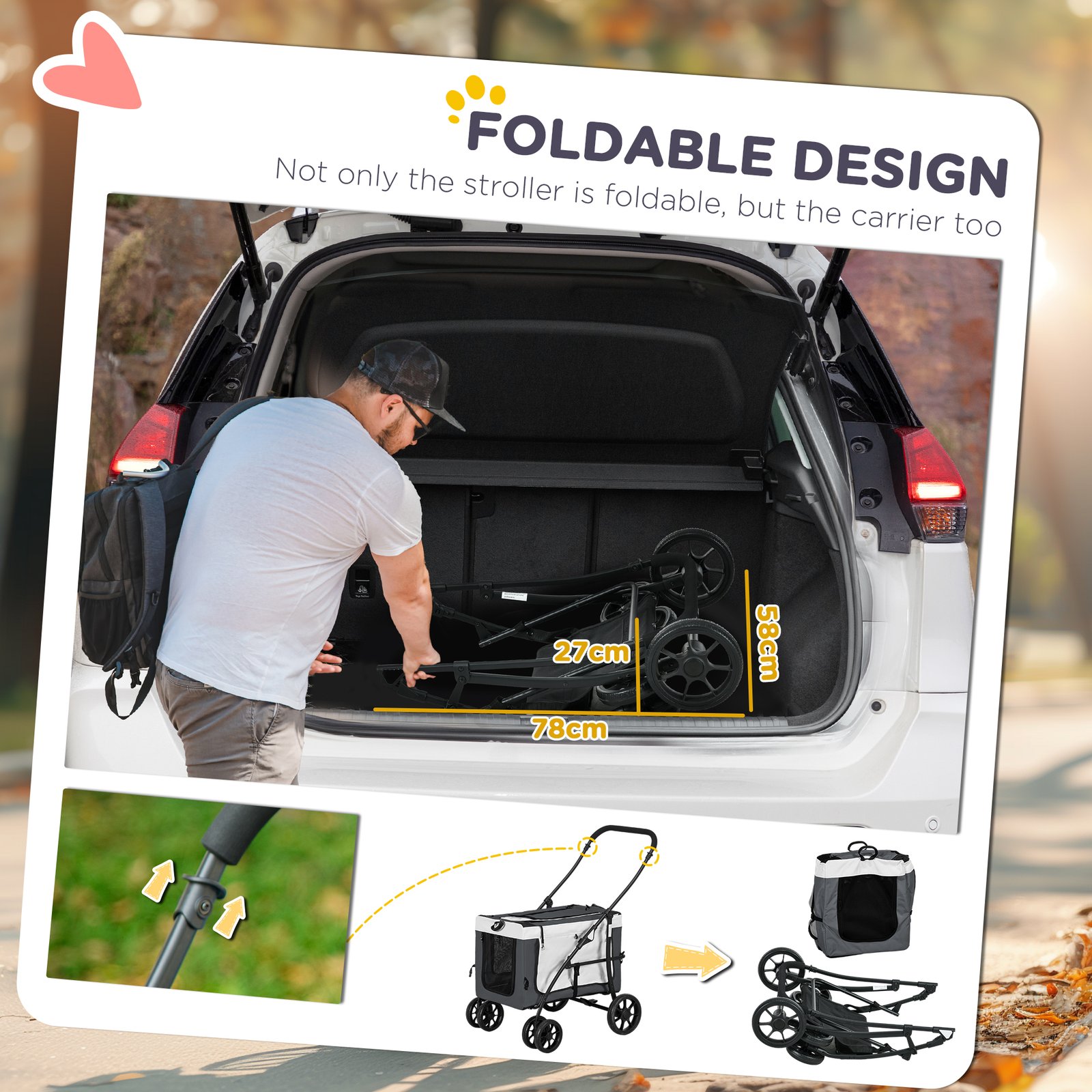 Foldable Dog Stroller, Pet Travel Crate, with Detachable Carrier, Soft Padding, for Mini, Small Dogs - Grey - Image 6