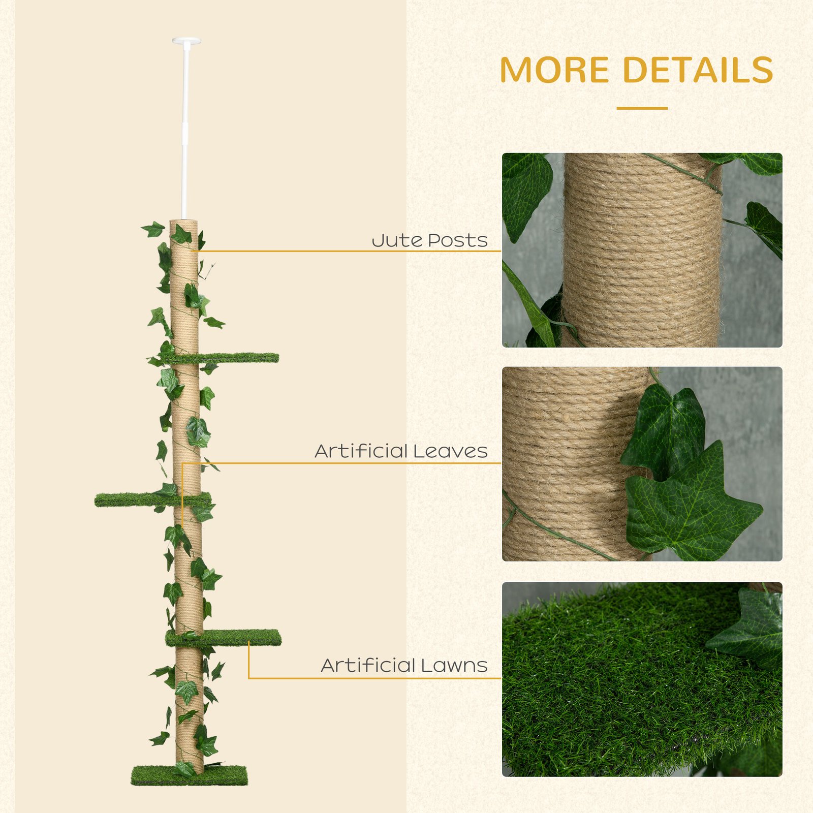 242cm Adjustable Floor-To-Ceiling Cat Tree, with Artificial Decoration, Perches, Anti-Slip Kit - Green - Image 6