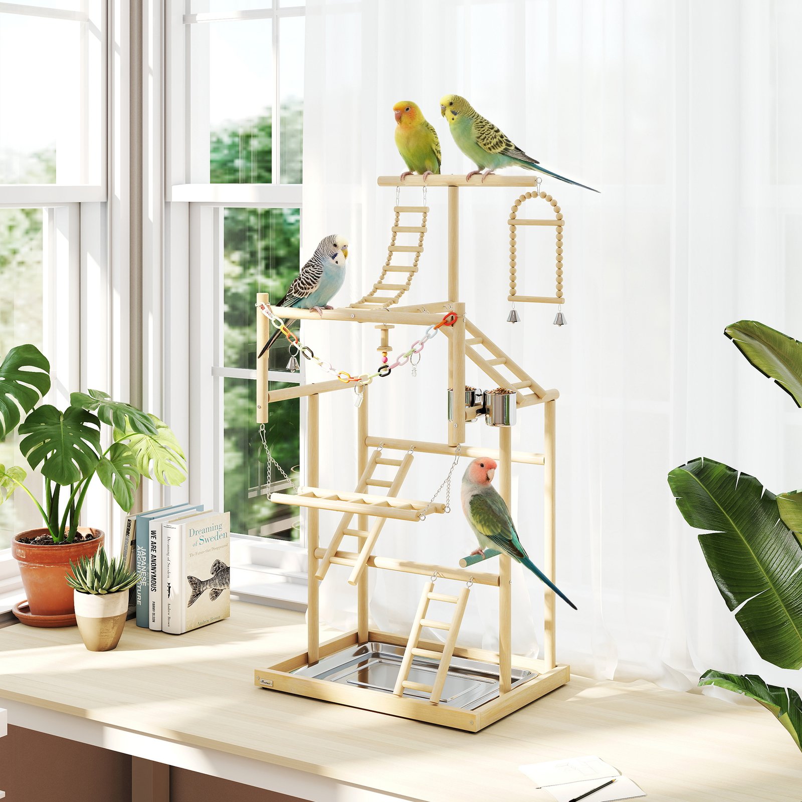 95 cm Wooden Bird Playground with Ladders, Chain Toy, Stainless Steel Cups and Tray, Bird Cage Accessories, Natural