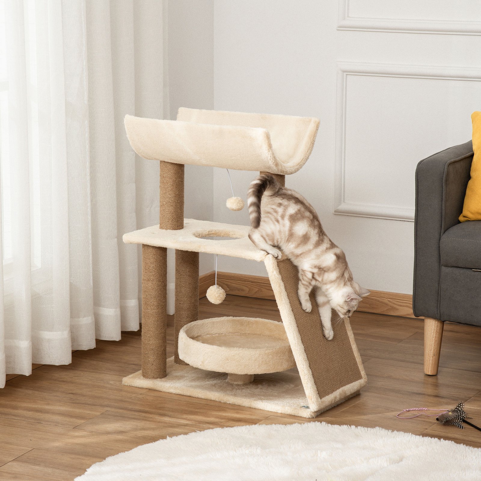 Cat Tree Tower, with Scratching Posts, Pad, Bed, Perch, Toy Ball - Light Brown - Image 9