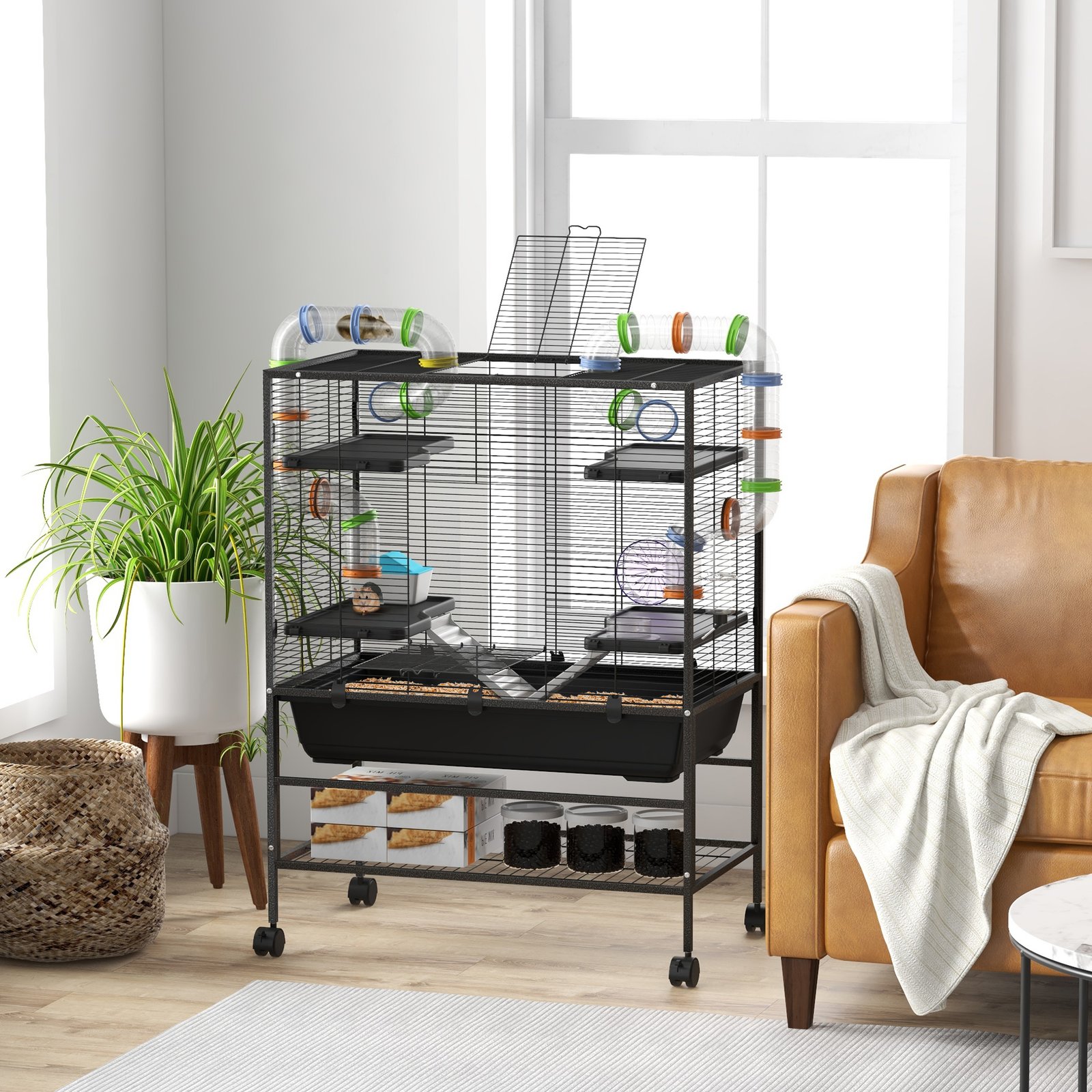 Large Hamster Cage, Gerbil Cage with Tubes, Storage Shelf, Ramps, Platforms, Running Wheel - Black - Image 9