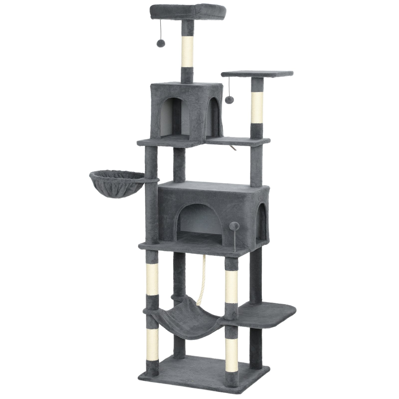 202cm Large Cat Tree with 6 Scratching Posts, 2 Hammocks, 2 Condos, 2 Perches, Pompoms, for Indoor Cats to Rest and Play