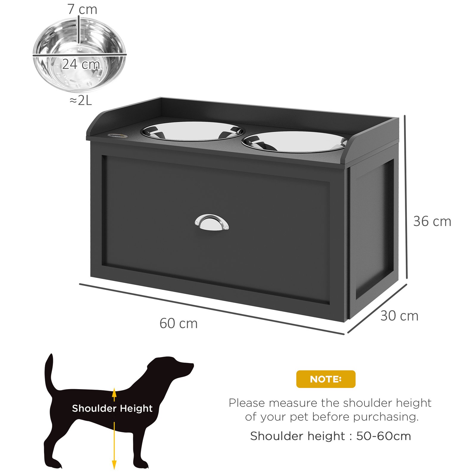 Stainless Steel Raised Dog Bowls, with 21L Storage Drawer for Large Dogs and Cats - Black - Image 3