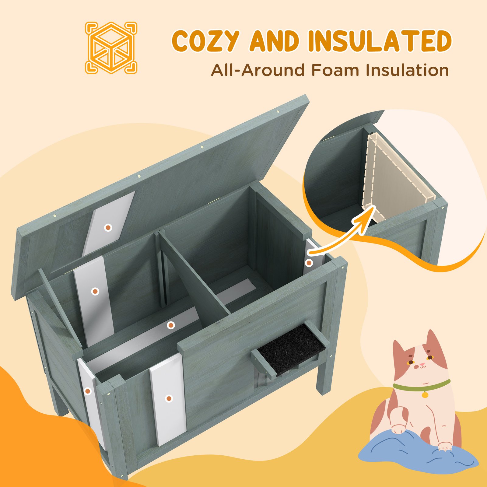 Feral Cat House, Wooden Insulated with Removable Floor, Water-Resistant Openable Roof - Charcoal Grey - Image 4