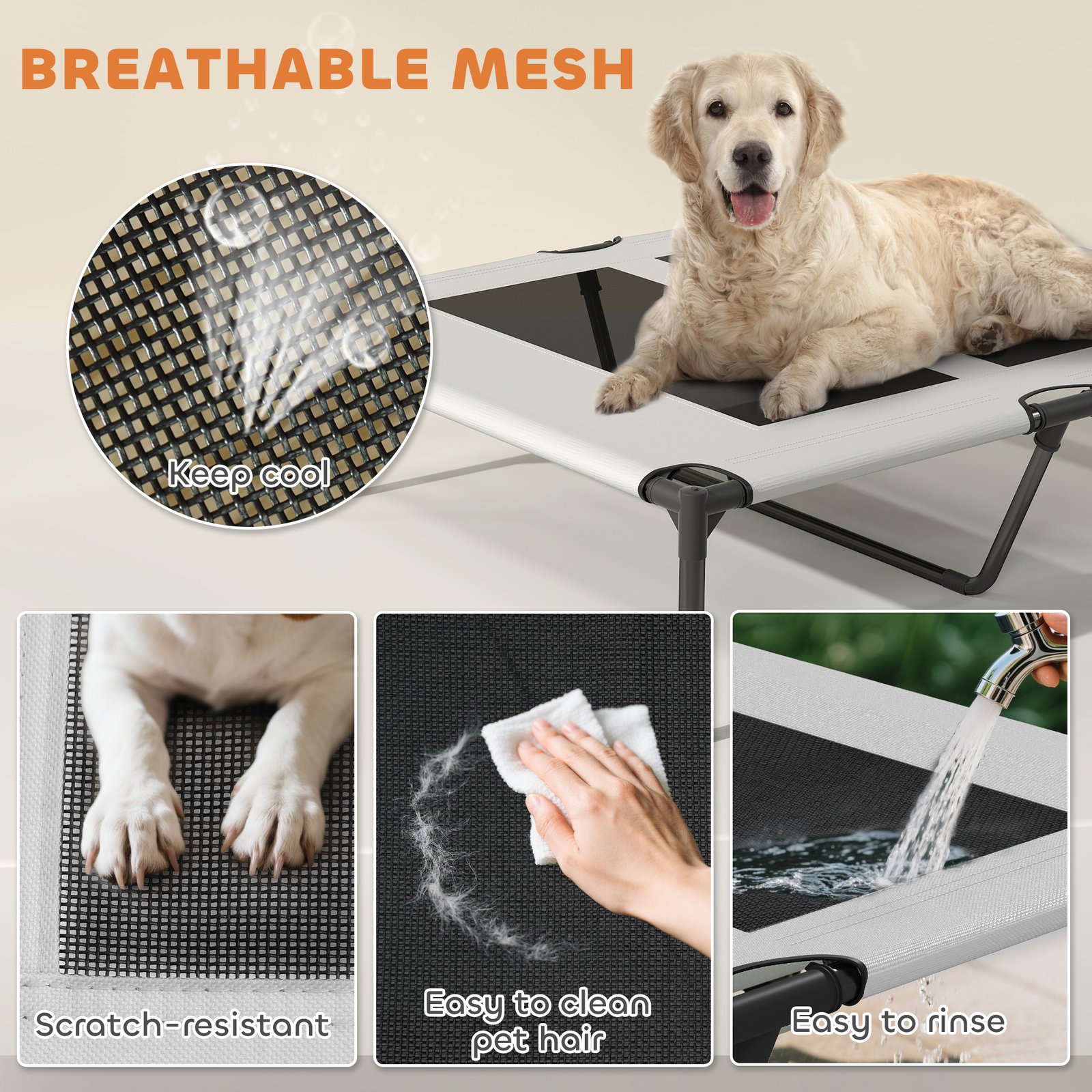 Portable Elevated Dog Bed with Removable Canopy, Cooling Raised Pet Cot for Medium Large Dogs, 92 x 75 x 85 cm
