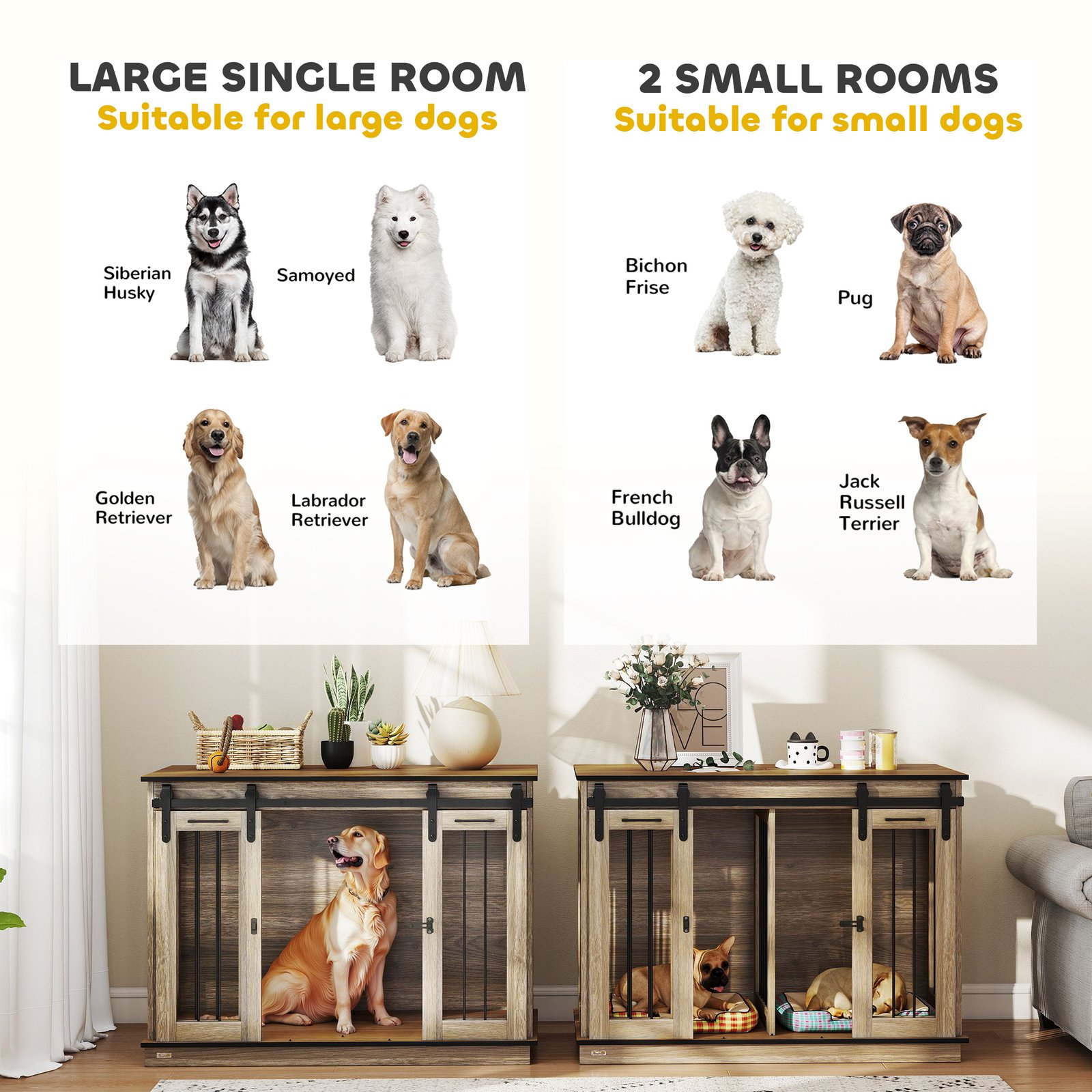 Dog Crate Furniture for Large Dogs, Double Dog Cage for Small Dogs, with Sliding Doors - Oak Tone - Image 8