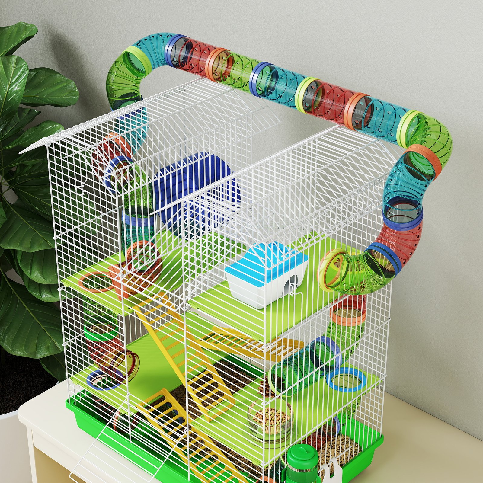 Hamster Cage, 5 Tier Carrier Habitat with Exercise Wheels Tunnel Tube Water Bottle Dishes House Ladder, Gerbil Cage for Dwarf Mice, Green - Image 7