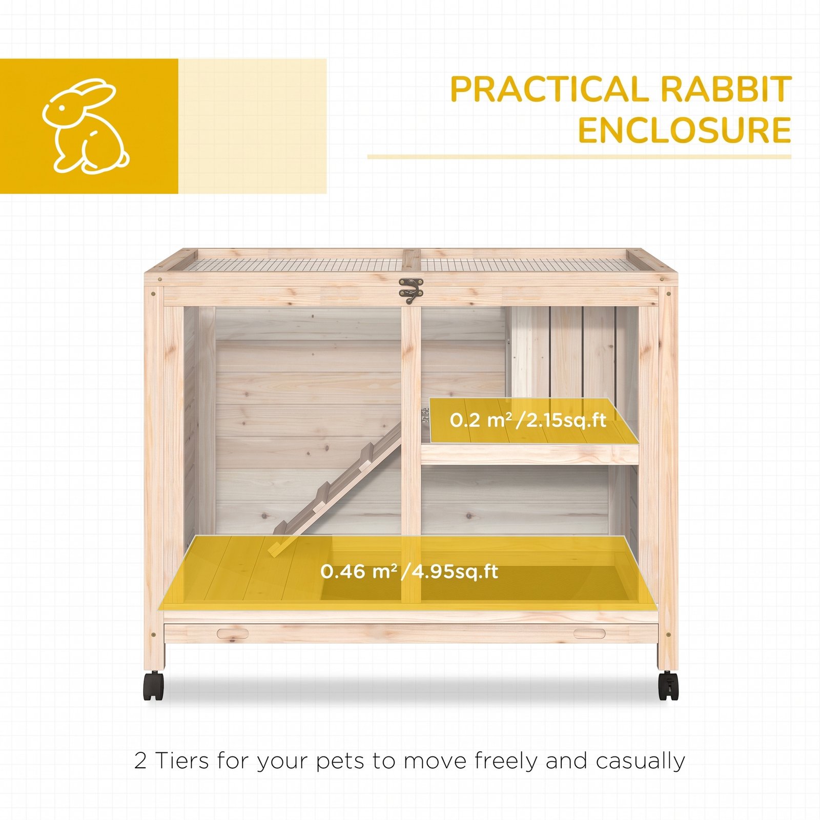 Rabbit Hutch Indoor with Wheels, Wooden Guinea Pig Hutch Hamster Cage, 2 Layers Bunny Cage with Openable Roof, Transparent Panel, 91.5 x 53.3 x 73 cm, Natural