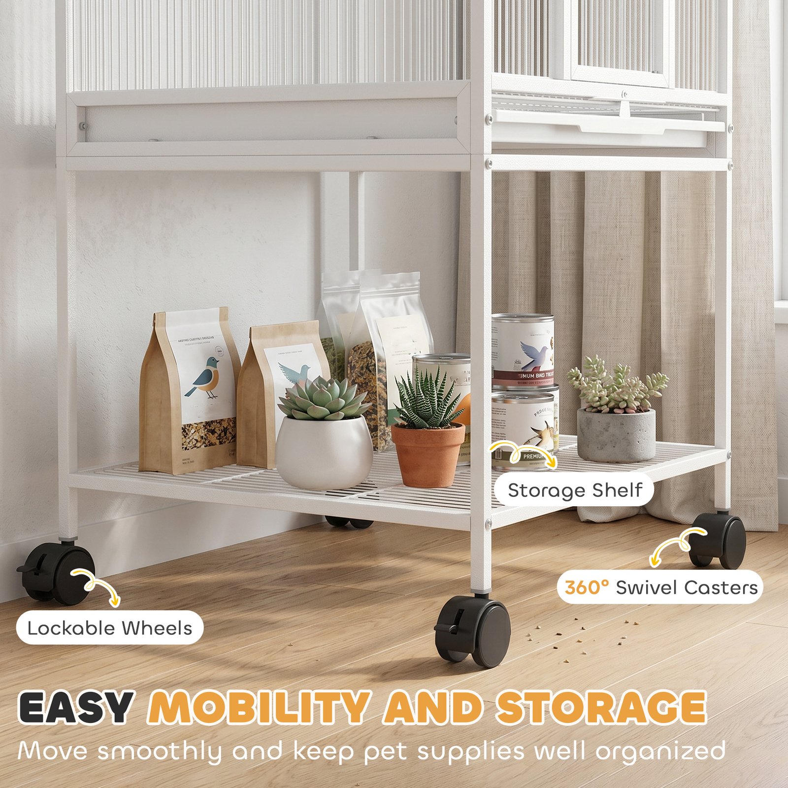 Bird Cage Detachable with Rolling Stand Parrot Cage with Storage Shelf White