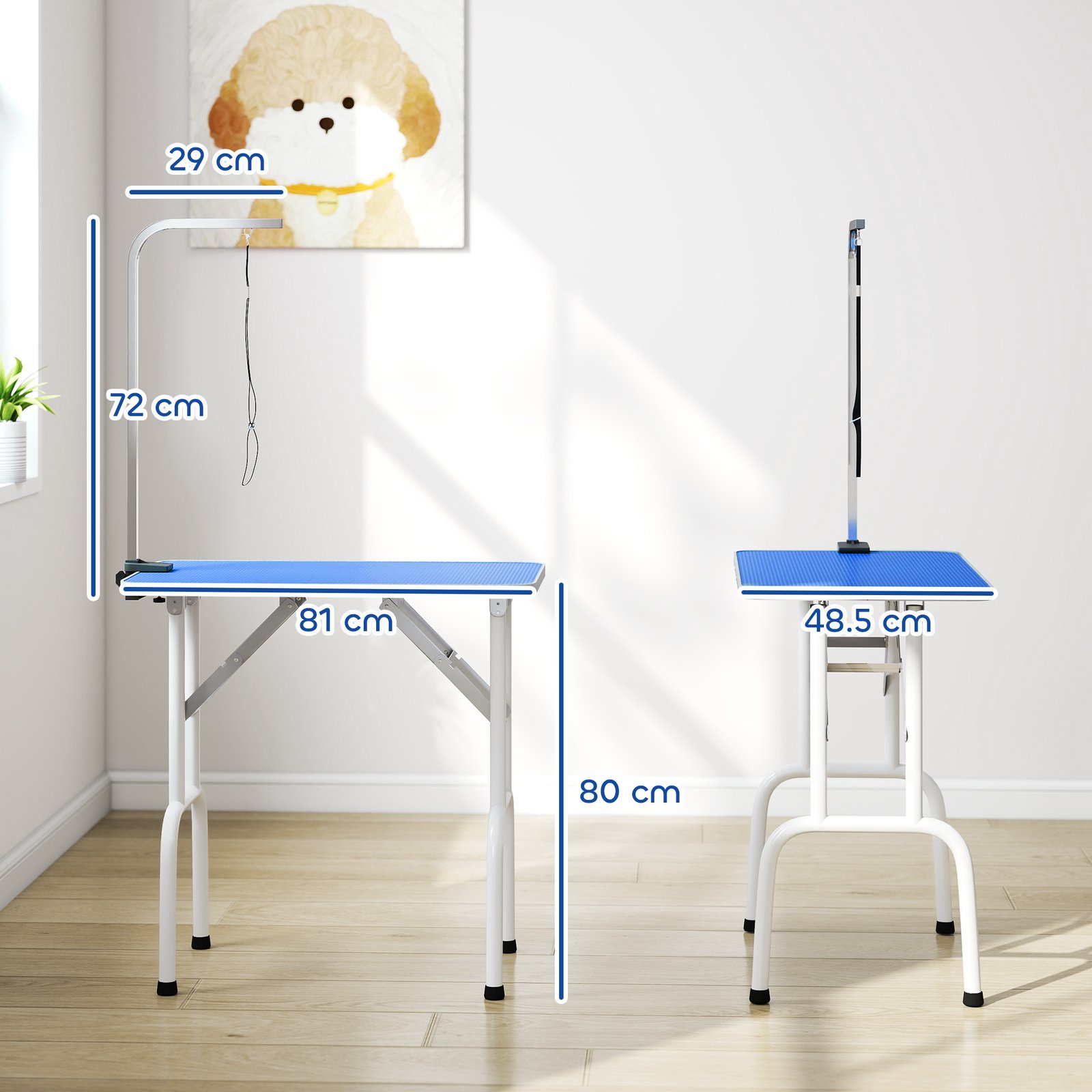 32" Foldable Dog Grooming Table Pet Drying Beauty Table Adjustable Fixed Arm Rubber Top, Blue