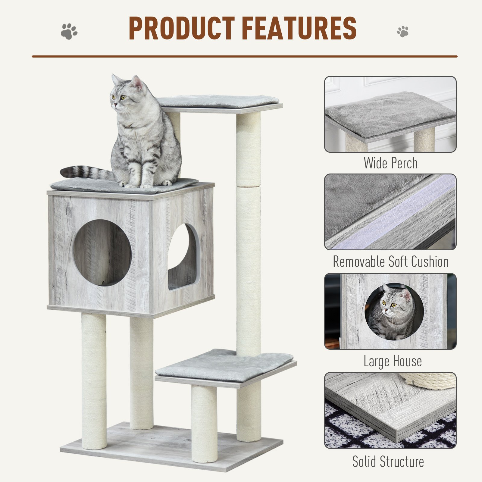 Cat Tree for Indoor Large Cats 113cm Kitten Tower Condo Jute Scratching Post Kitten Play House Activity Center Furniture - Image 4