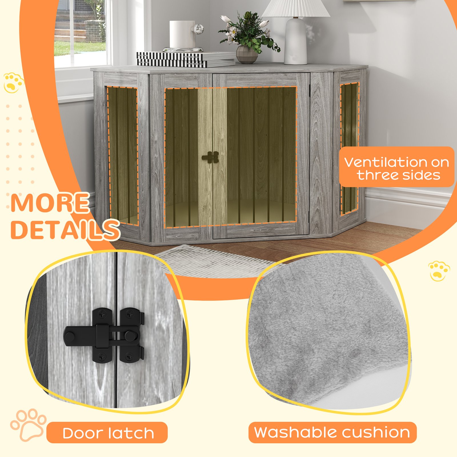 Dog Crate Furniture Side Table, with Cushion, 122 x 61 x 71cm - Grey - Image 6