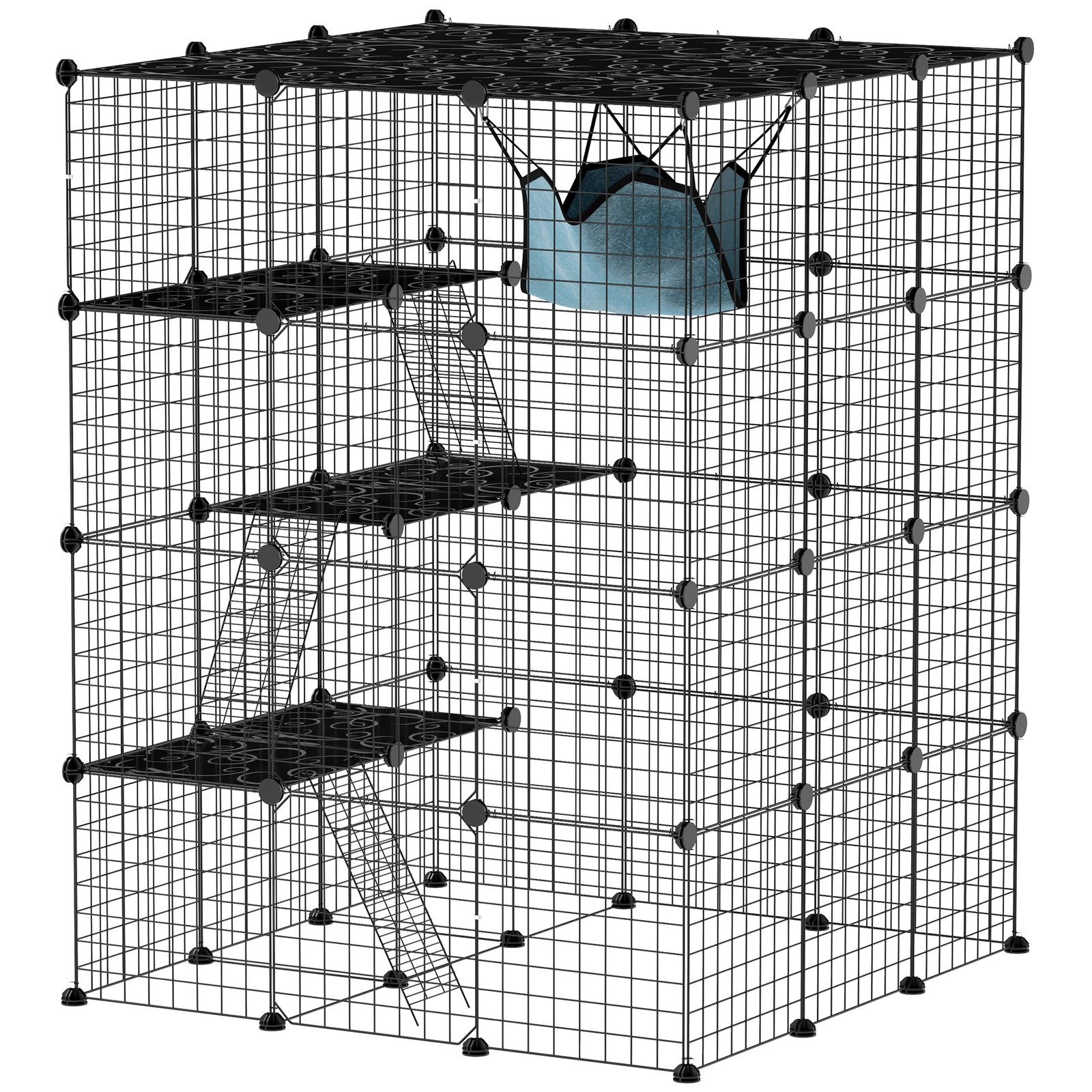 Steel Wire Cat Cage Indoor with Hammock, Ramps, Doors, DIY Cat Enclosure for 1-3 Cats, Black