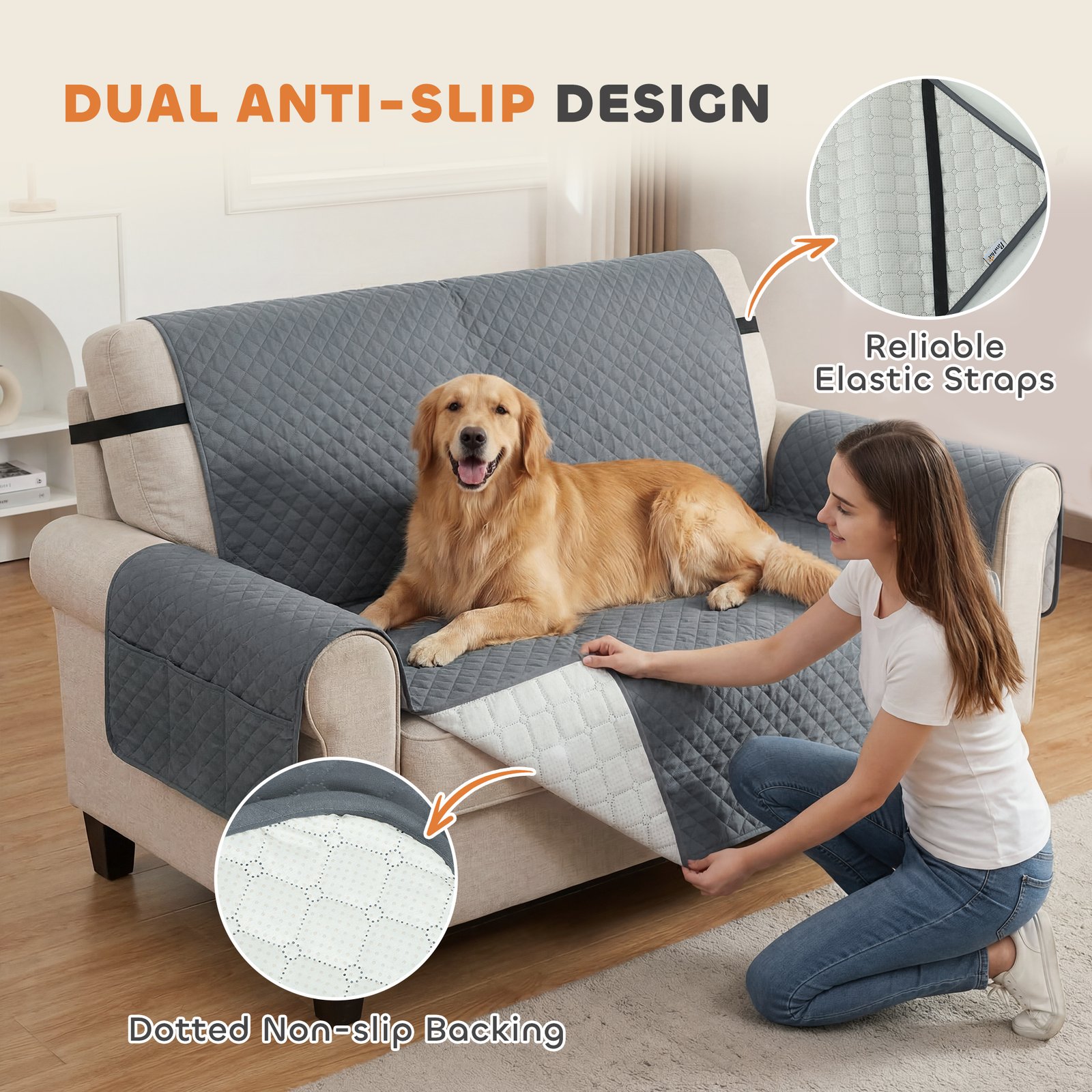 Waterproof Sofa Cover 2 Seater, Soft Couch Cover for Dogs Cats Pets, Non Slip Sofa Slipcoevr with Elastic Straps - Image 5