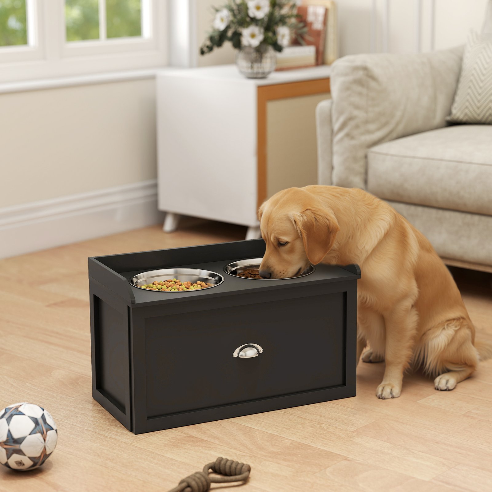 Stainless Steel Raised Dog Bowls, with 21L Storage Drawer for Large Dogs and Cats - Black - Image 9