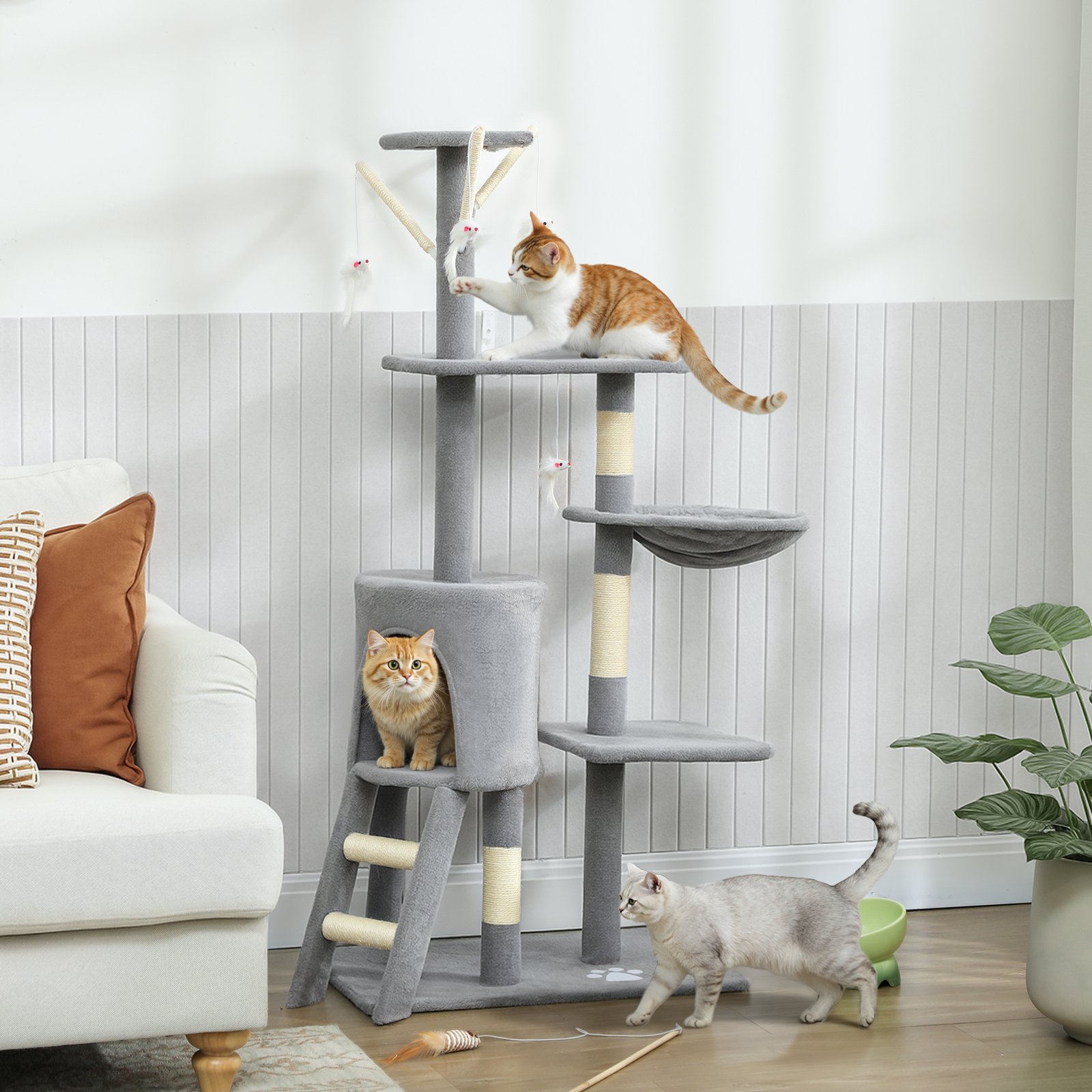 Multi-Level Cat Tower, 134cm Cat Tree with Condo and Sisal Scratching Posts for Indoor Kittens, Grey - Image 9