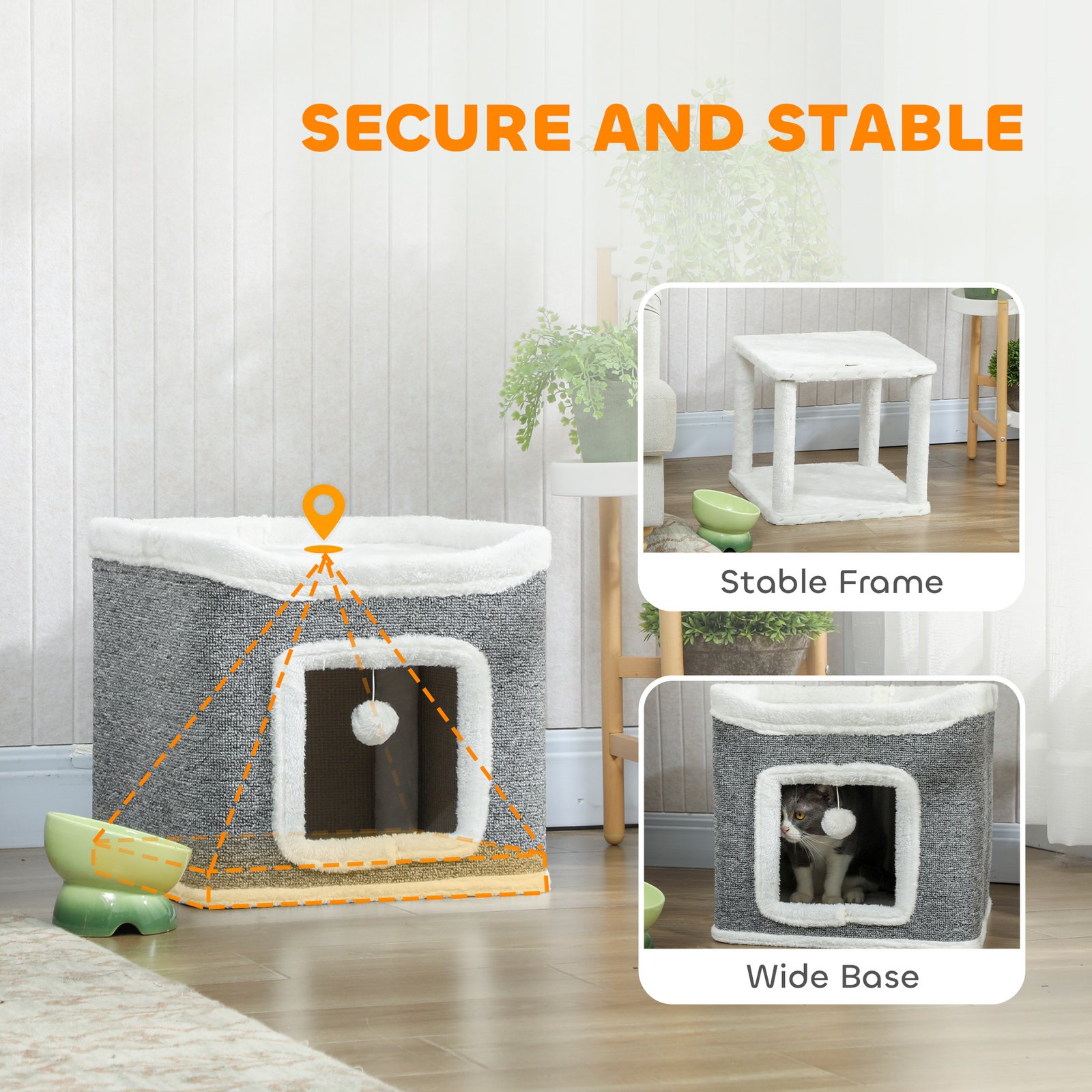 Cat House for Indoor Kittens, 2-Level Cat Cave Bed with Fluffy Balls, Top Bed, Kitten Barrel for Multi Kitties, Grey - Image 7