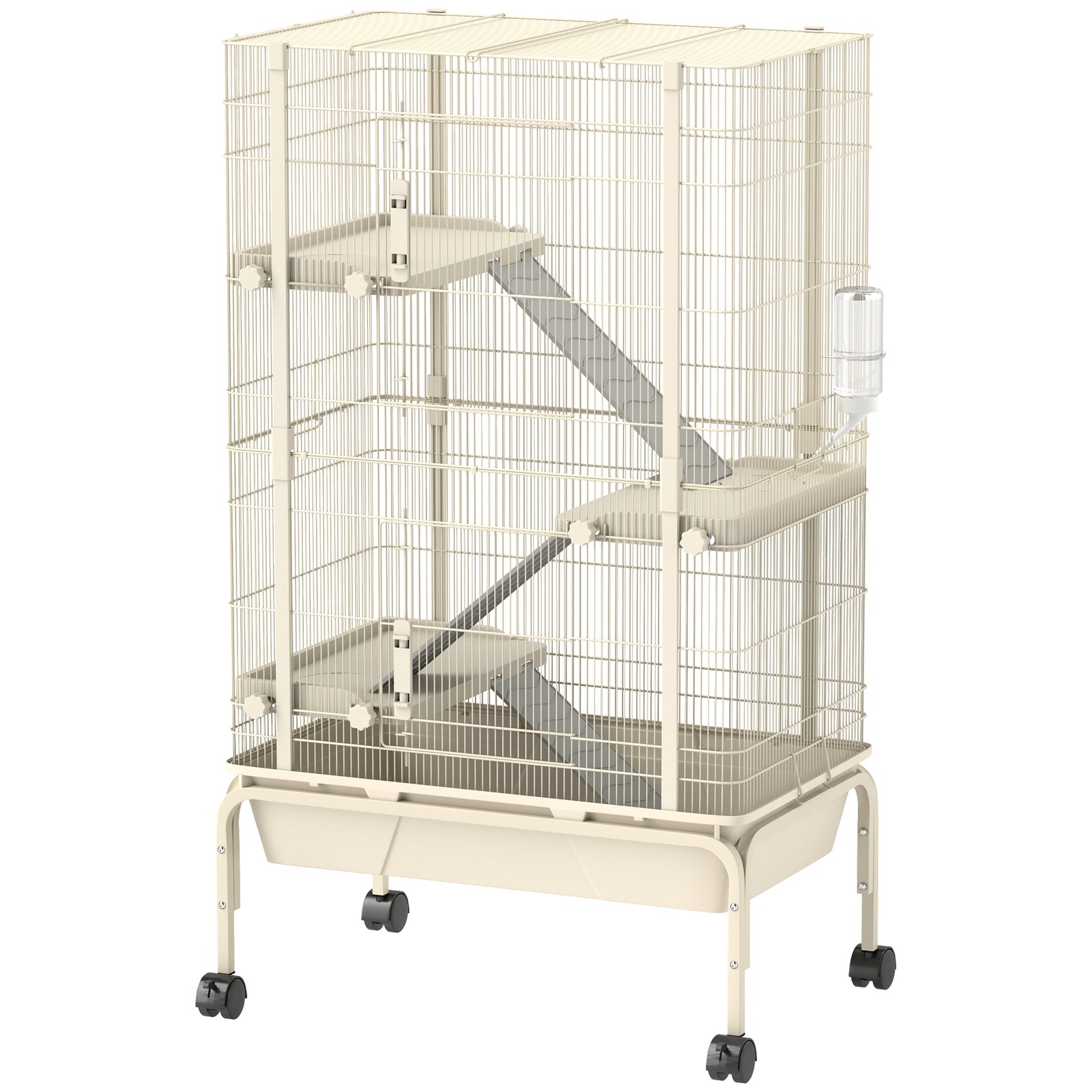 4-Level Rolling Small Animal Cage, Rabbit Cage with 3 Ramps, Water Bottle, Food Dish, 15cm Deep Tray, Beige
