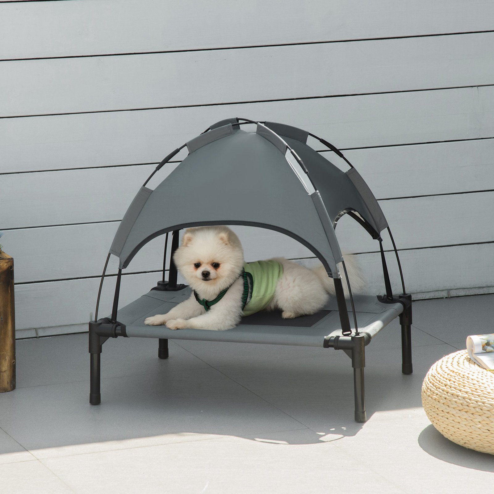 Outdoor Dog Bed with Removable Canopy, Portable Raised Dog Bed for Camping, Garden & Beach, Water-Resistant UV-Protection Mesh Pet Cot Sun Lounger, for Small Pets, 61 x 46 x 62 cm, Grey