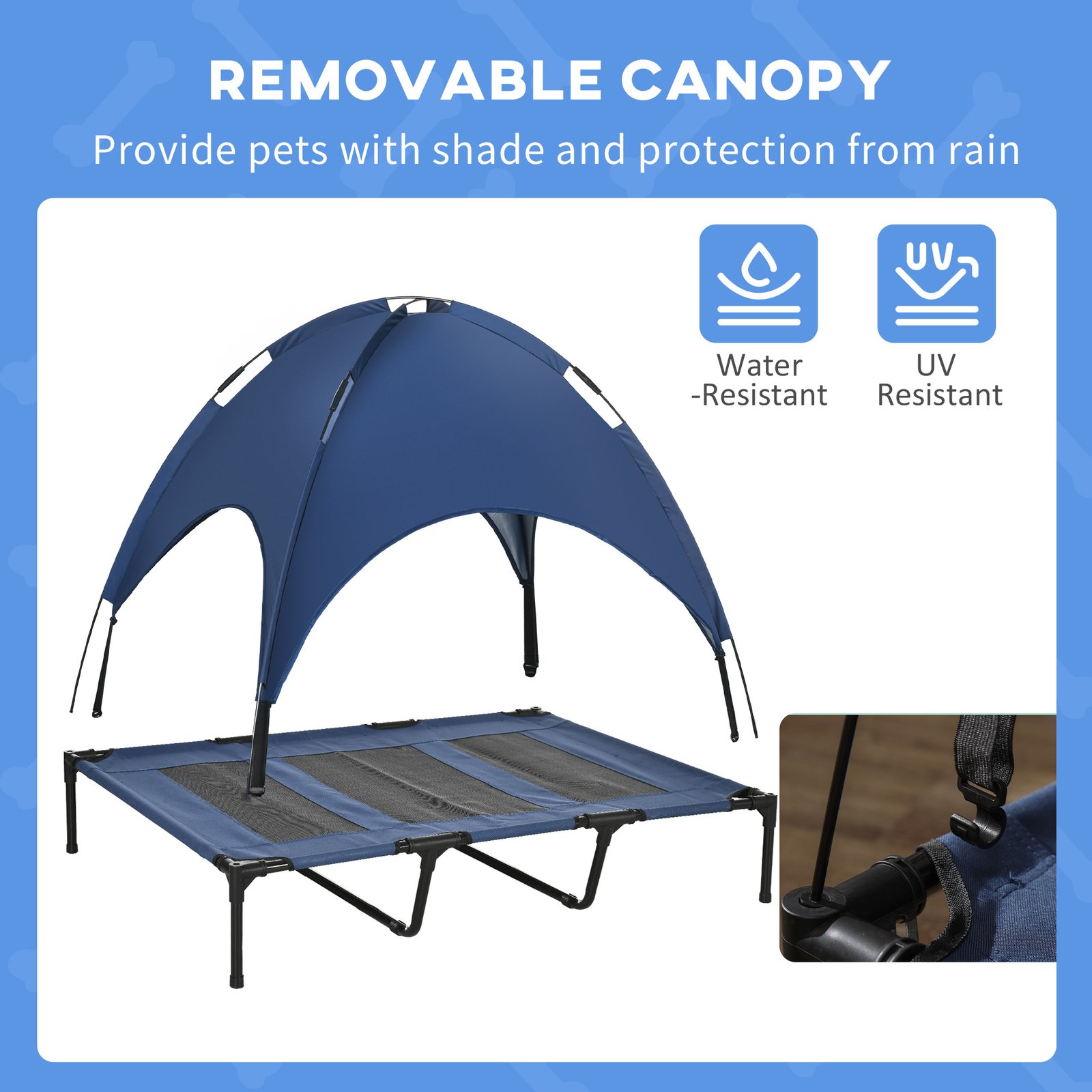 Outdoor Dog Bed with Removable Canopy, Portable Raised Dog Bed for Camping, Garden & Beach, Water-Resistant UV-Protection Mesh Pet Cot Sun Lounger, for XL Pets, 122 x 92 x 108 cm, Dark Blue - Image 6