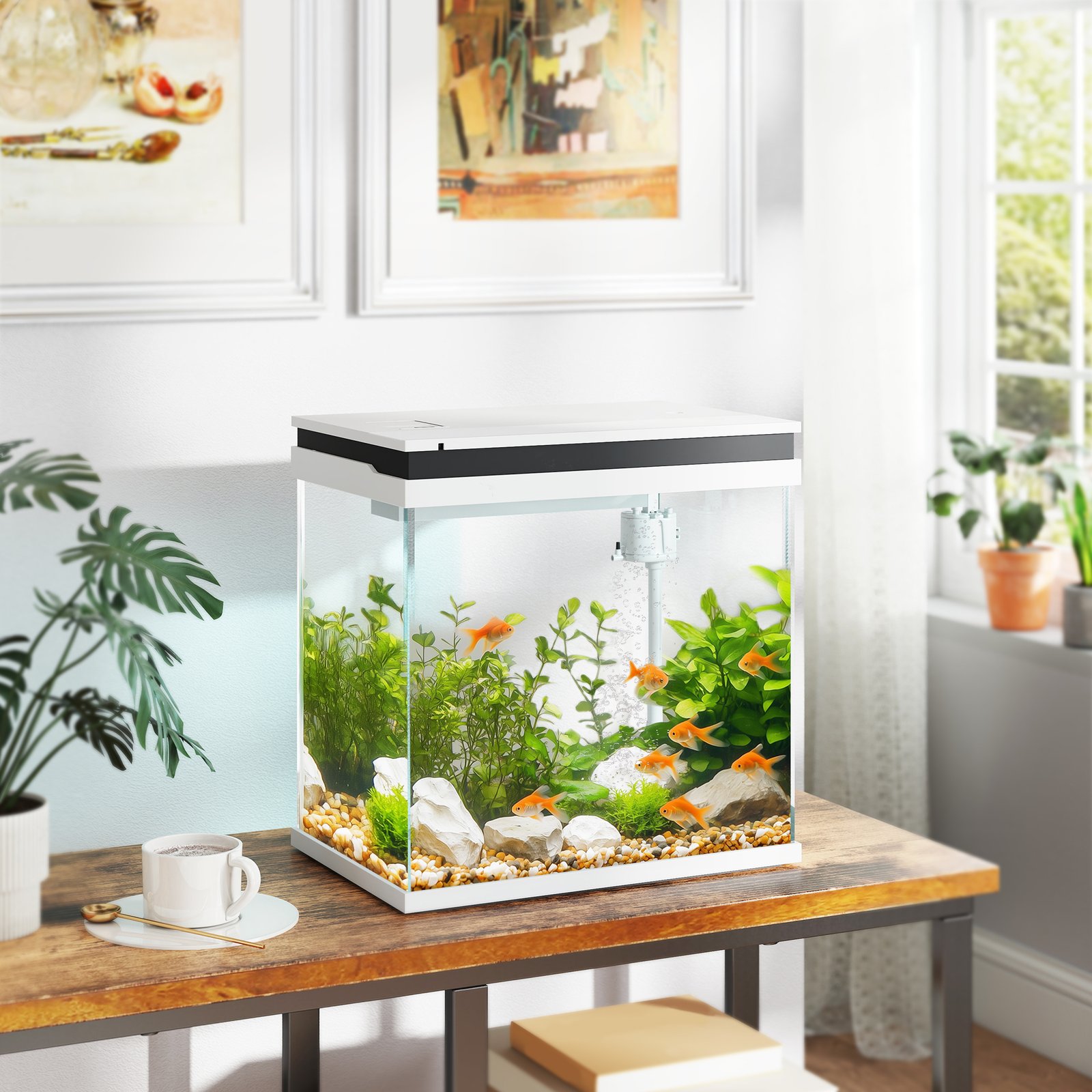 26L Glass Fish Tank With Filter System, LED Lights, Water Pump, White