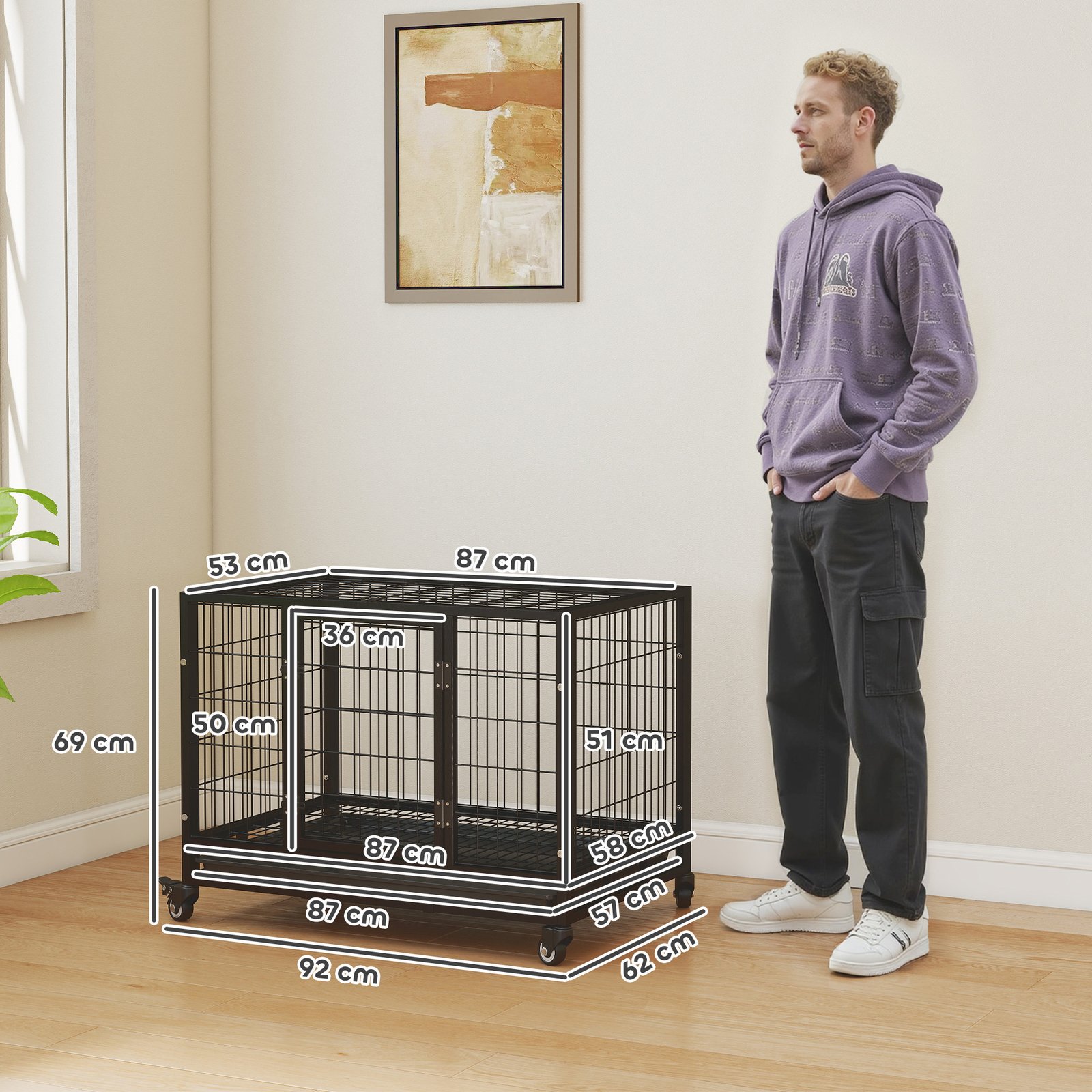 36" Heavy Duty Metal Dog Crate Pet Cage with Tray Wheeled Dog Kennel - Black (Medium) - Image 3