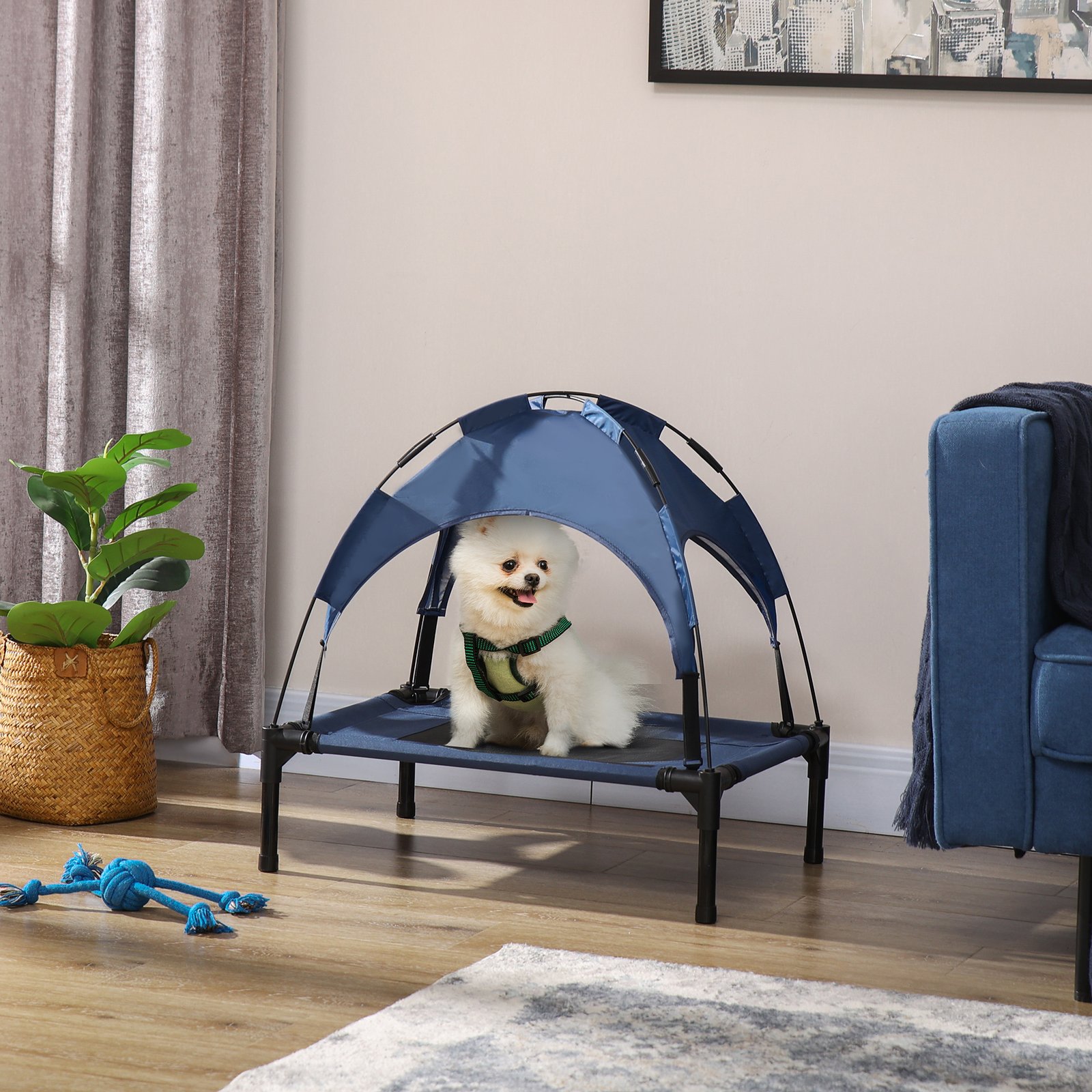 Outdoor Dog Bed with Removable Canopy, Portable Raised Dog Bed for Camping, Garden & Beach, Water-Resistant UV-Protection Mesh Pet Cot Sun Lounger, for Small Pets, 61 x 46 x 62 cm, Dark Blue - Image 9
