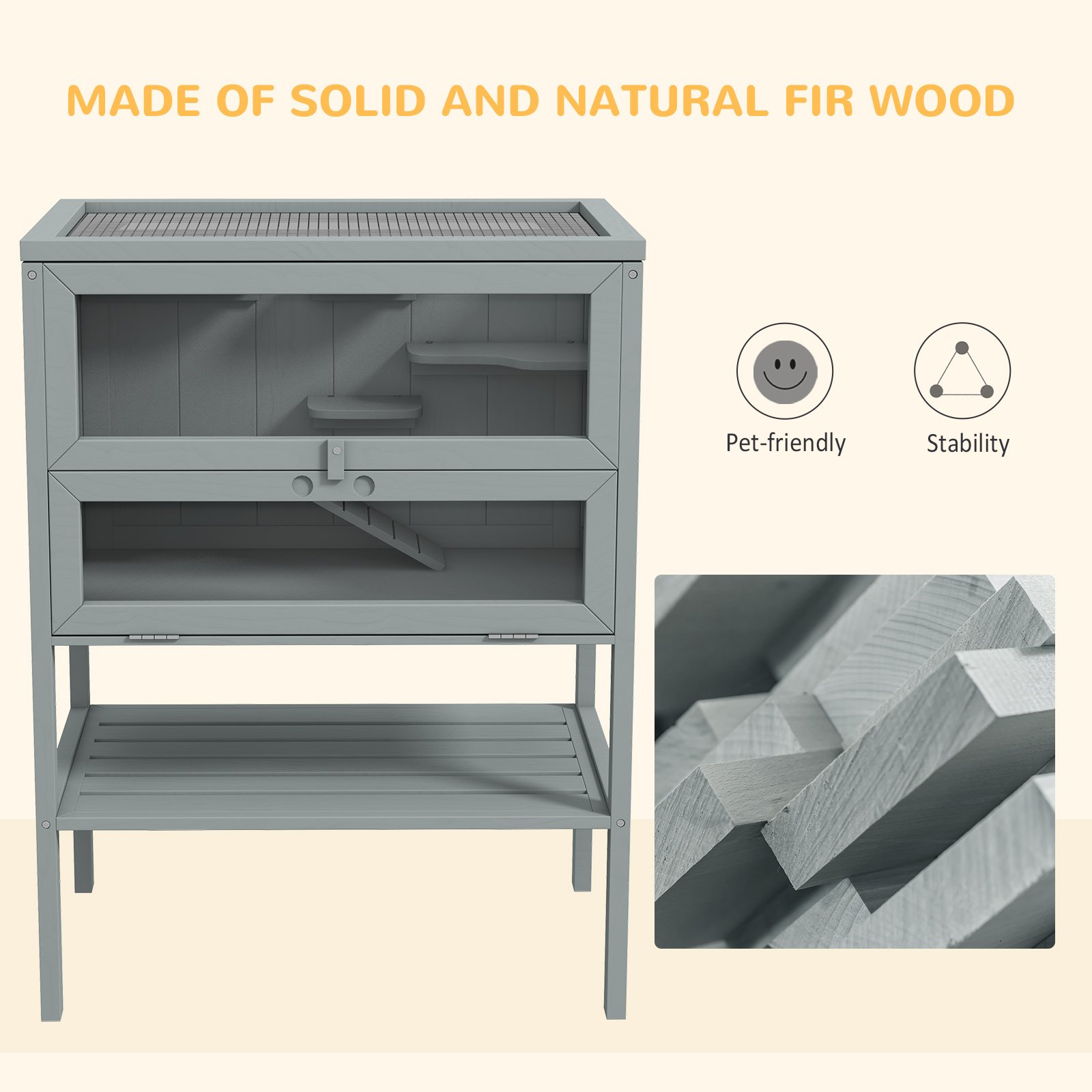 Wooden Hamster Cage 3 Tier House w/ Storage Shelf, Openable Top for Gerbils, Grey - Image 7