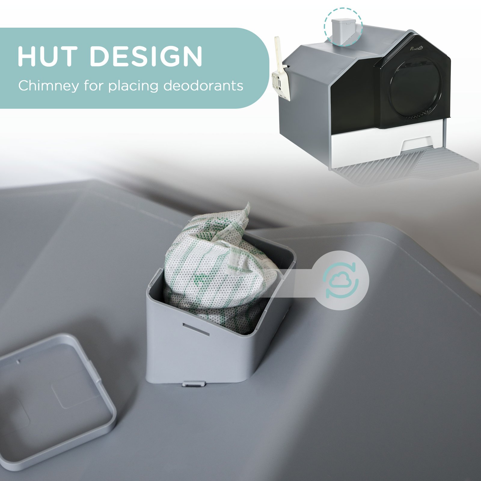 Hooded Cat Litter Tray with Scoop, Cat Litter Box with Drawer Pan, Handle, Deodorants, Hut Design, Front Entrance, 47 x 45 x 42cm - Grey