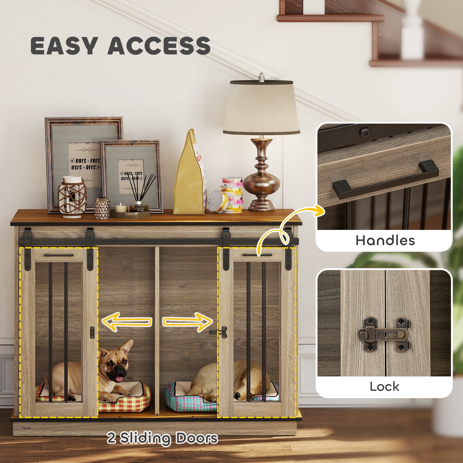 Dog Crate Furniture for Large Dogs, Double Dog Cage for Small Dogs, with Sliding Doors - Oak Tone - Image 6