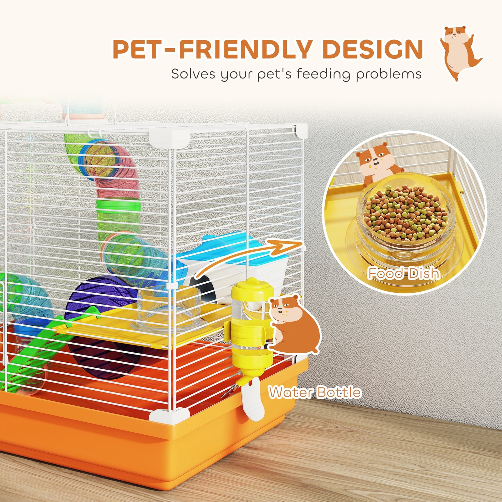 2 Tier Hamster Cage, Gerbil Cage with Handle, Exercise Wheels, Tunnel, Water Bottle, Dishes, Ladder, for Dwarf