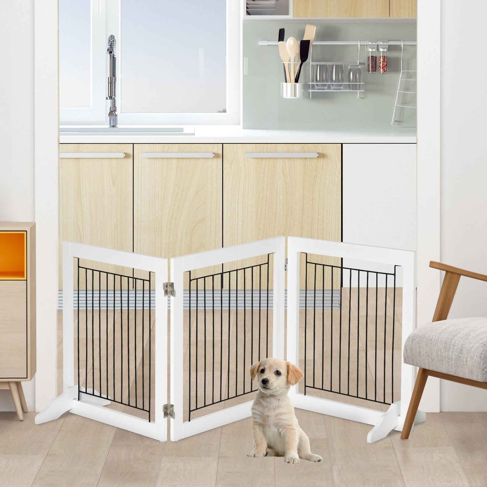 Foldable Pet Gate, with Three Panels & Two Support Feet - White