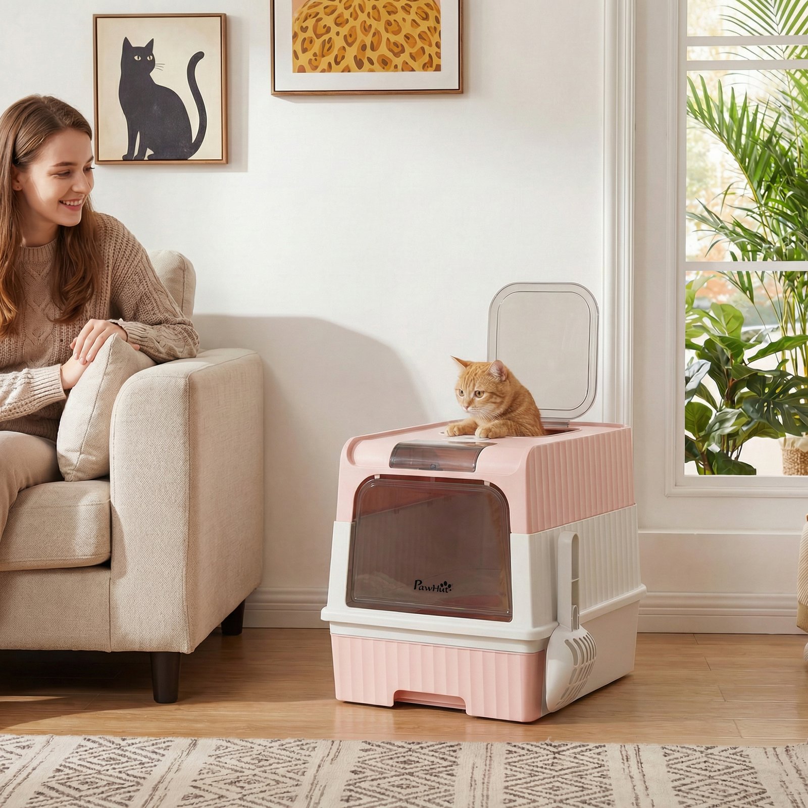 Enclosed Cat Litter Box with Lid, Pull-Out Drawer Tray, Scoop, 2 Deodorisation Bags, Front Entry & Top Exit, Pink