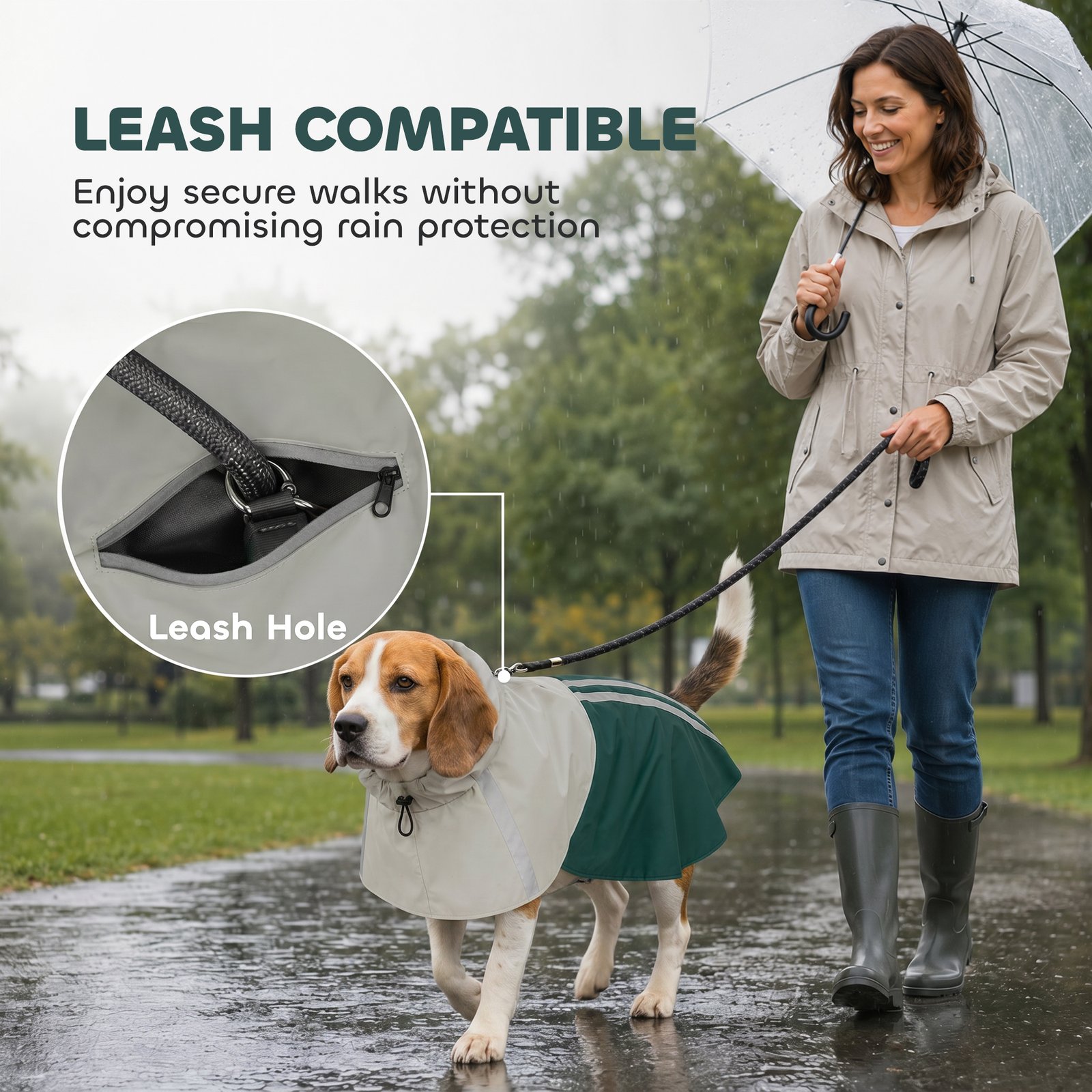 Dog Raincoat with Hood, Waterproof & Breathable Rain Jacket with Leash Hole, for Medium Dogs, Green, M