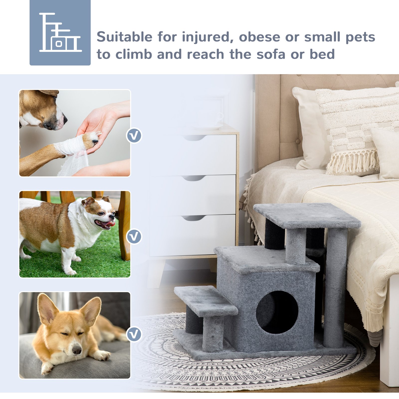 Adjustable Cat Steps, with House & Hanging Toy Ball - Grey
