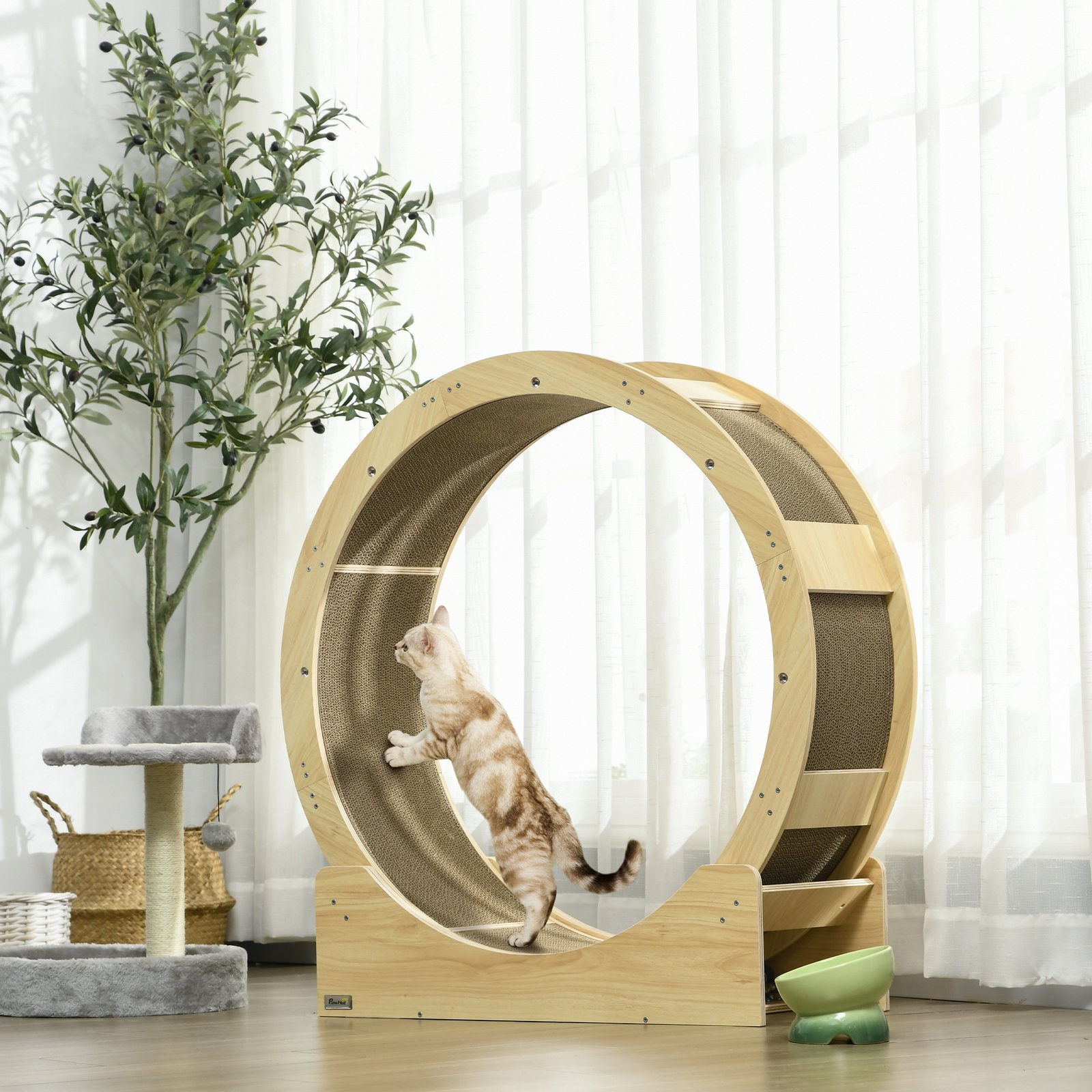 Cat Wheel with Brake, Scratching Pads - Oak Tone - Image 9