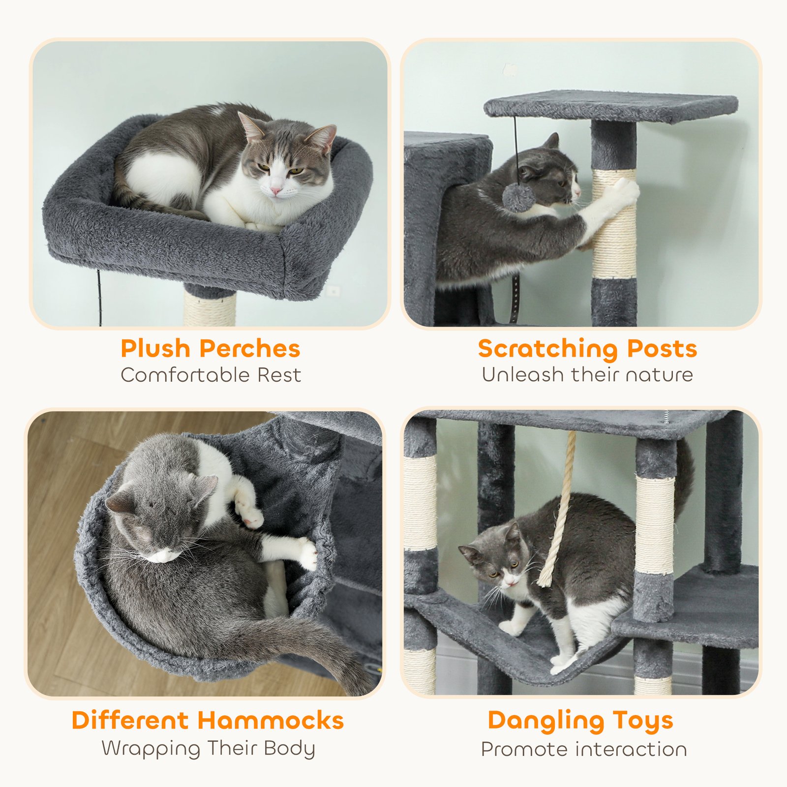202cm Large Cat Tree with 6 Scratching Posts, 2 Hammocks, 2 Condos, 2 Perches, Pompoms, for Indoor Cats to Rest and Play