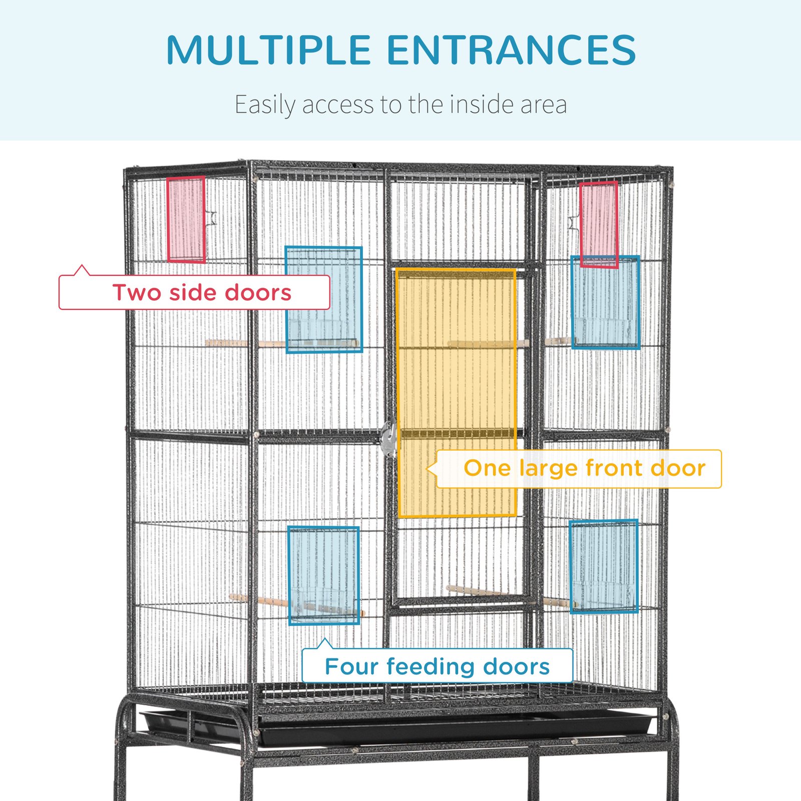 Large Bird Cage Budgie Cage with Stand, Storage Shelf, Wood Perch for Parrot, 81 x 48 x 162.5 cm, Black