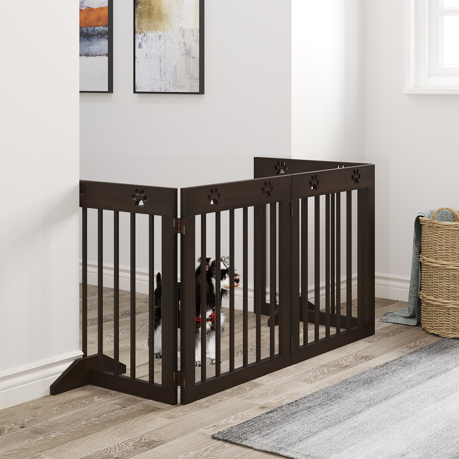 Freestanding Pet Gate 4 Panel Wooden Dog Barrier Folding Safety Fence with Support Feet up to 204cm Long 61cm Tall for Doorway Stairs Brown - Image 8