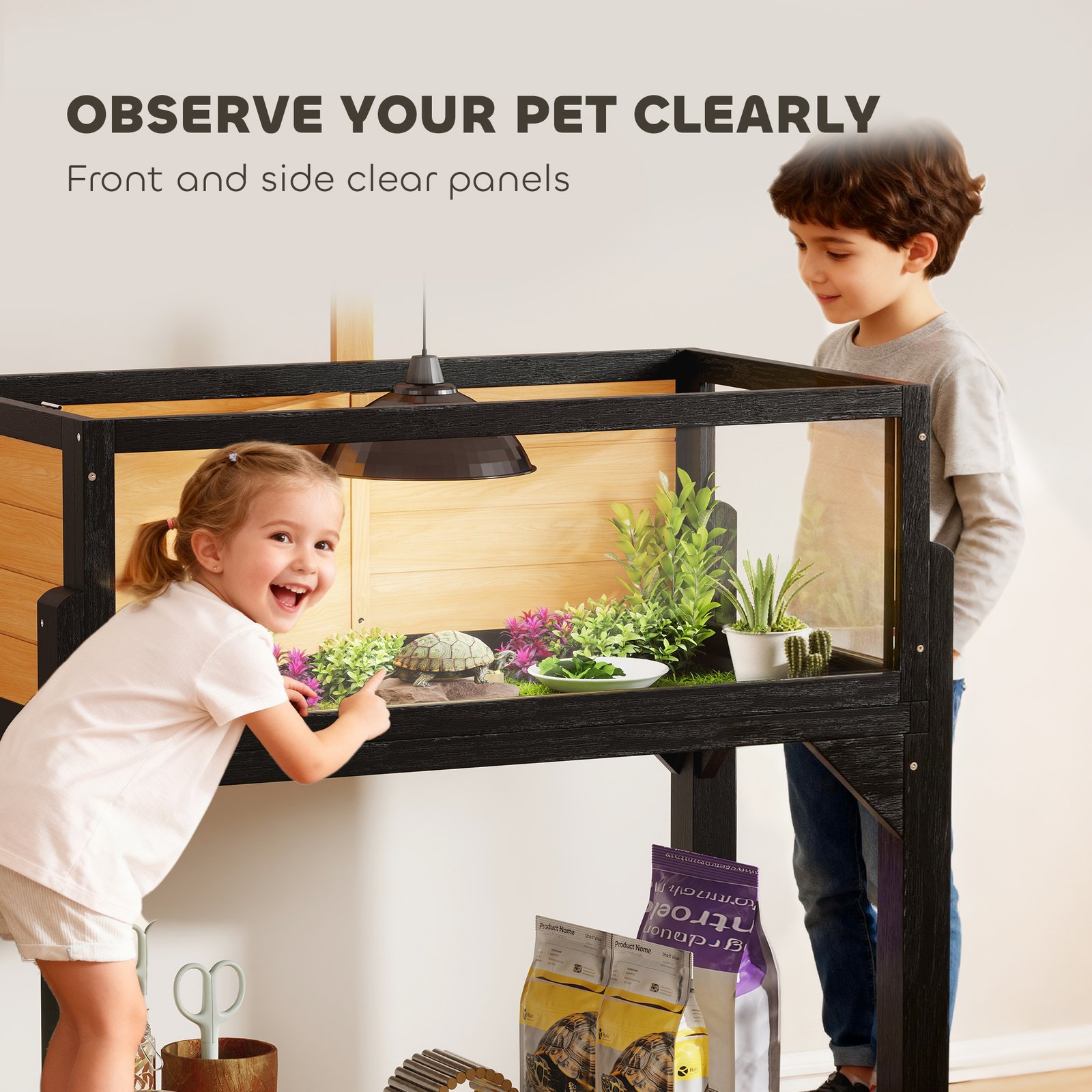 Wooden Tortoise House with Storage Shelf, Clear Observation Windows, Lamp Holder, Openable Top, Built-in Tray, Yellow - Image 5