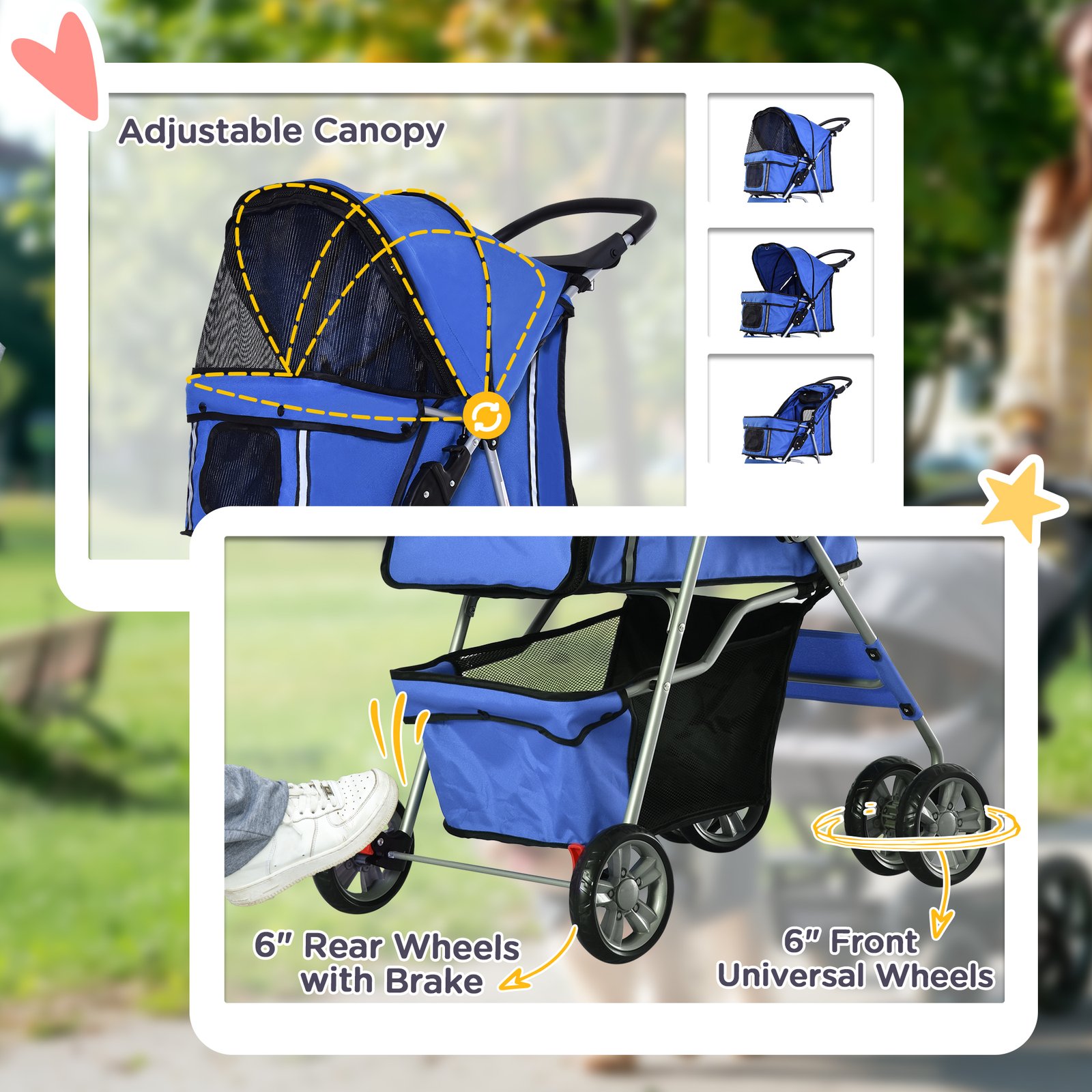 Pet Stroller for Small Miniature Dogs Cats Foldable Travel Carriage with Wheels Zipper Entry Cup Holder Storage Basket Blue - Image 6