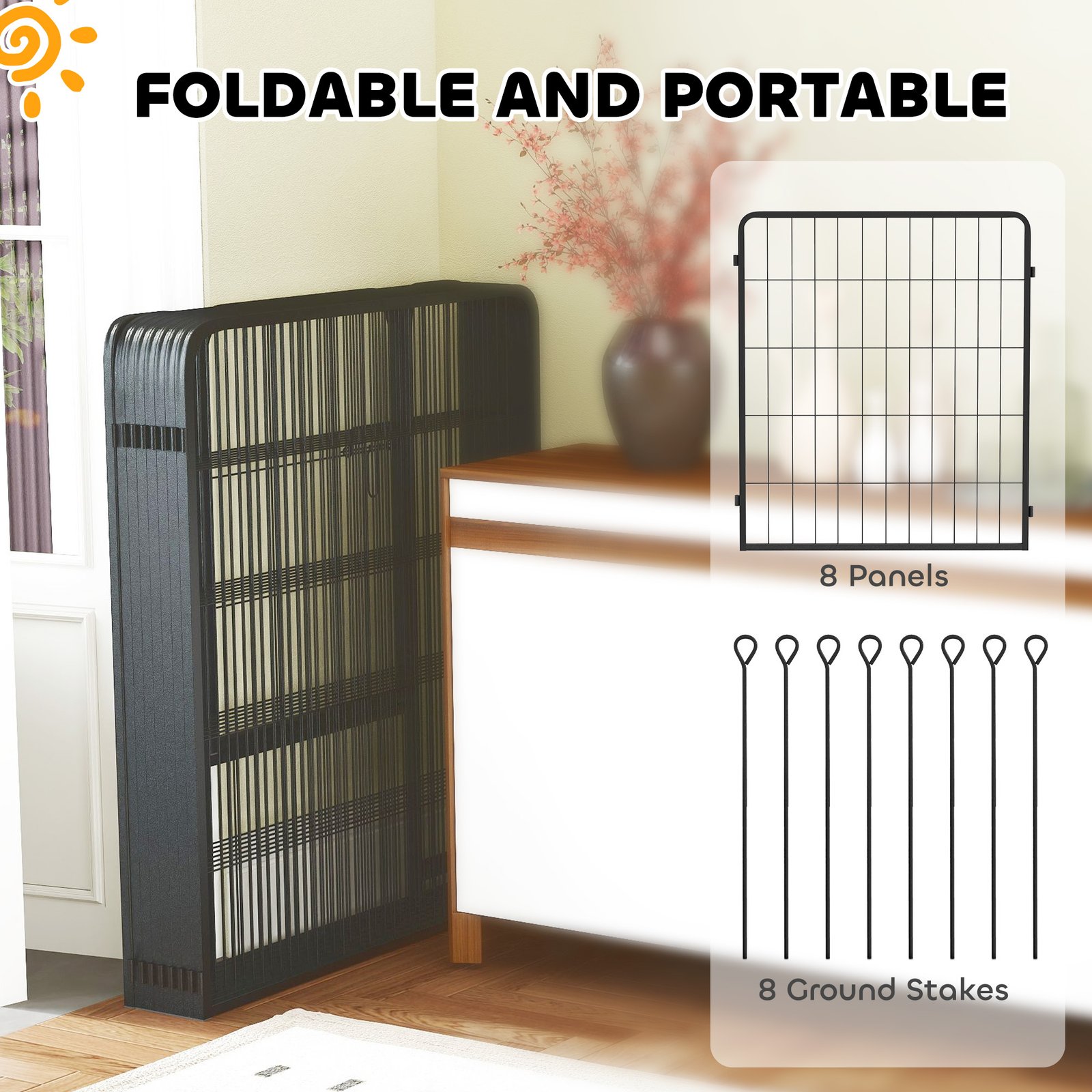 Eight-Panel Dog Playpen with Door, for Large Dogs, Indoors, Outdoors, 80cm Tall, Black - Image 6