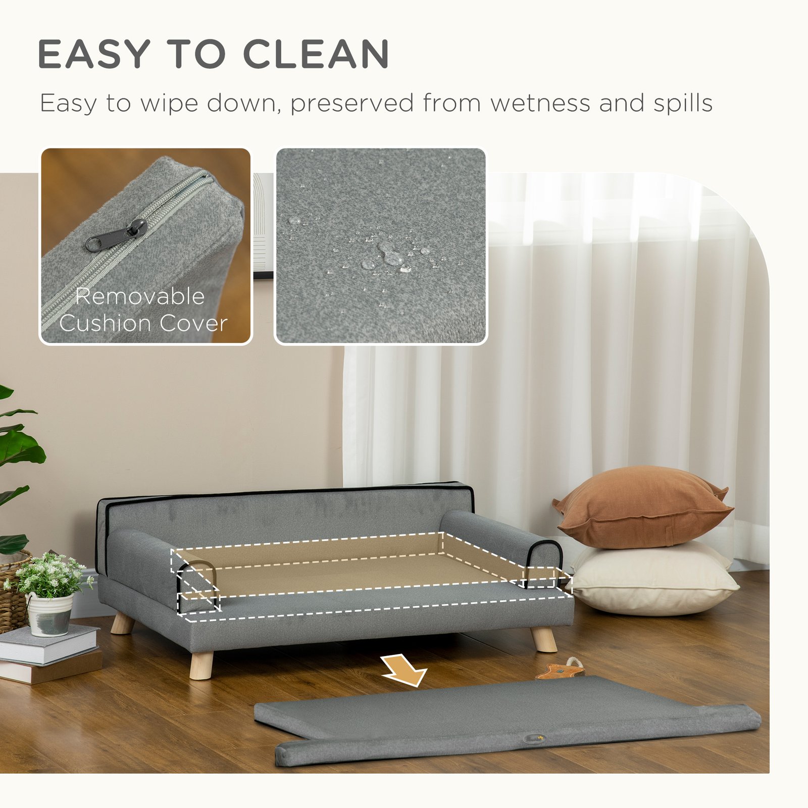 Dog Sofa, with Wooden Legs, Water-Resistant Fabric, for Medium & Large Dogs - Grey