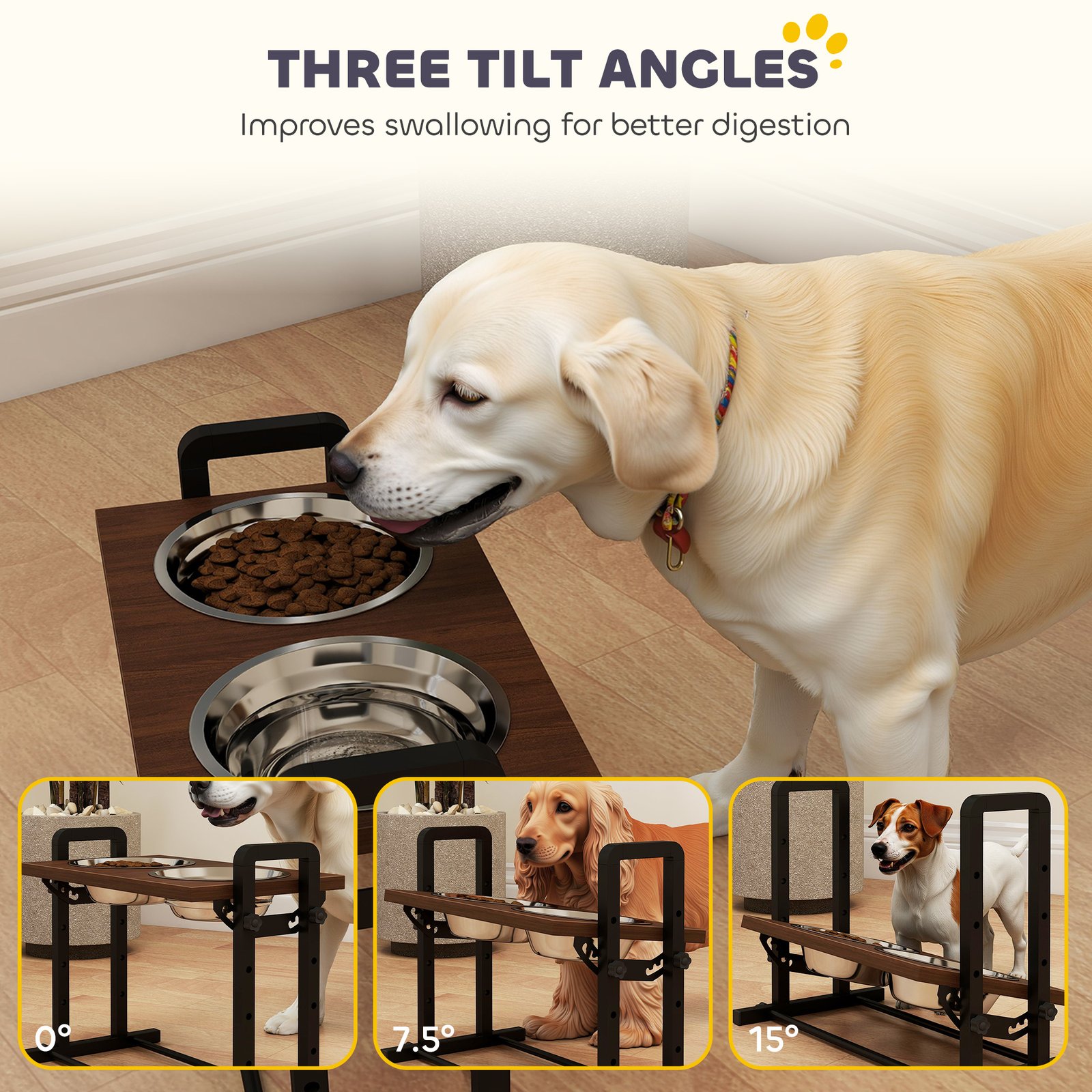 Raised Dog Bowls with Stand, 4 Heights Adjustable Pet Feeder with 3 Adjustable Angles for Small, Medium & Large Breeds, Brown