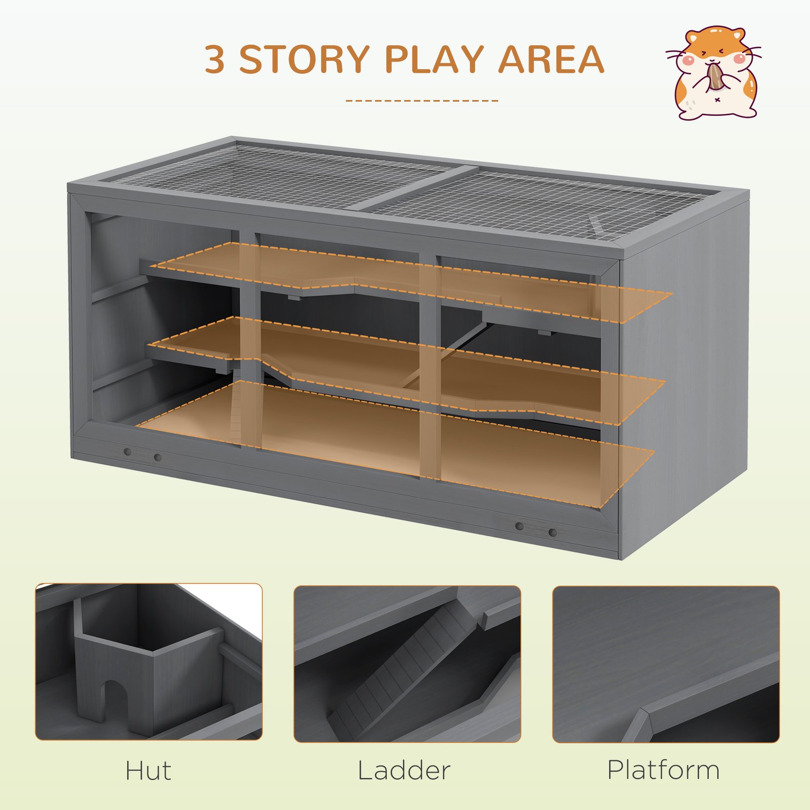 Wooden Hamster Cage, Small Animals Hutch with Tray, Openable Top, Exercise Play House Pen, 115L x 57W x 55Hcm, Grey - Image 4
