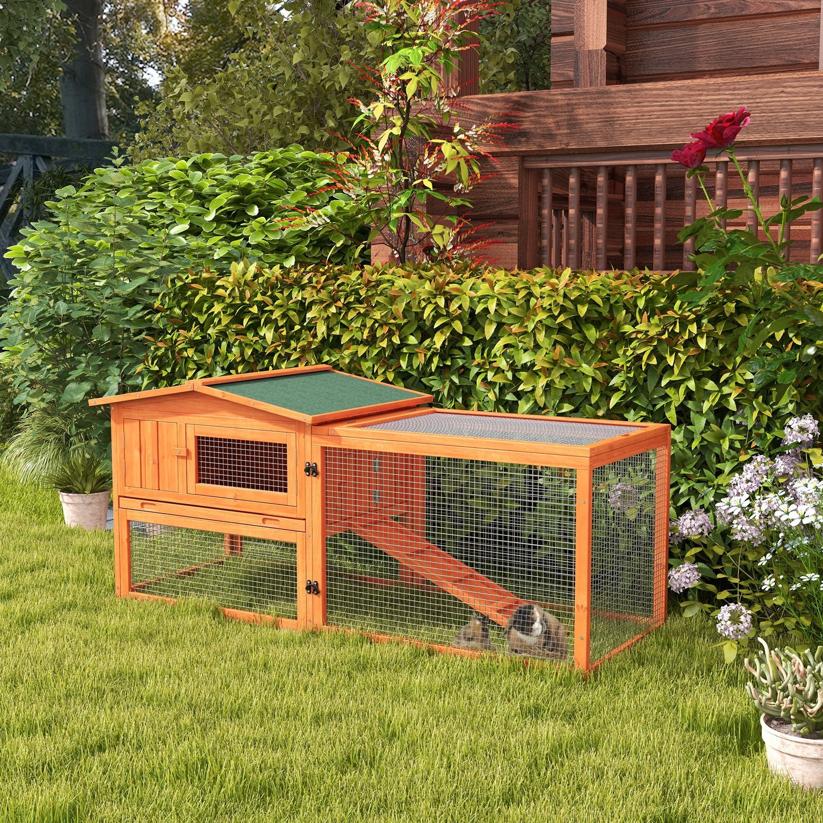 Rabbit Hutch with Run Wooden Guinea Pig Hutch Outdoor Bunny Cage Hide House with Sliding Tray, Hay Rack, Ramp, 156 x 58 x 68cm, Orange - Image 9