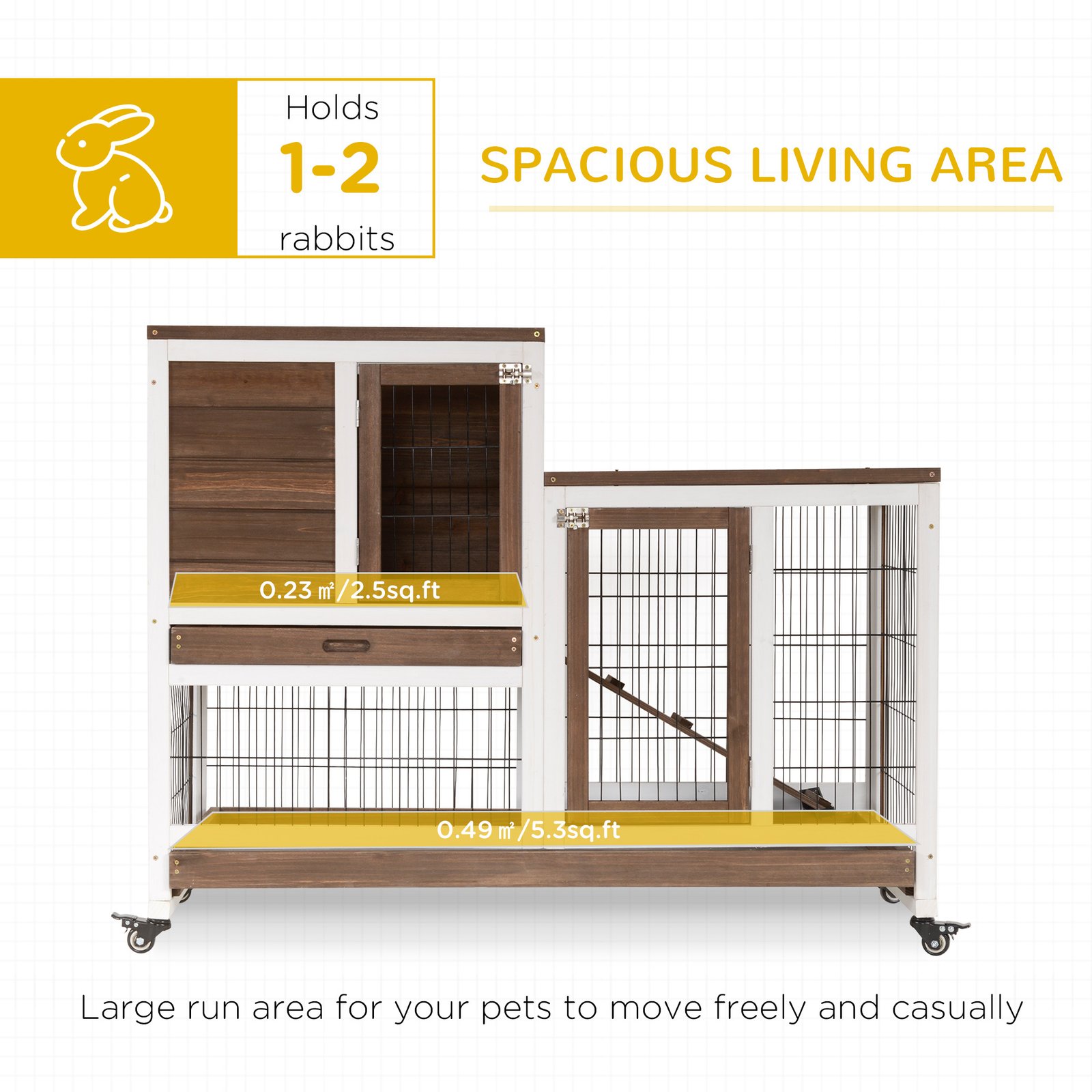 Two-Tier Rabbit Hutch Pet Cage, with Wheels - Brown - Image 4