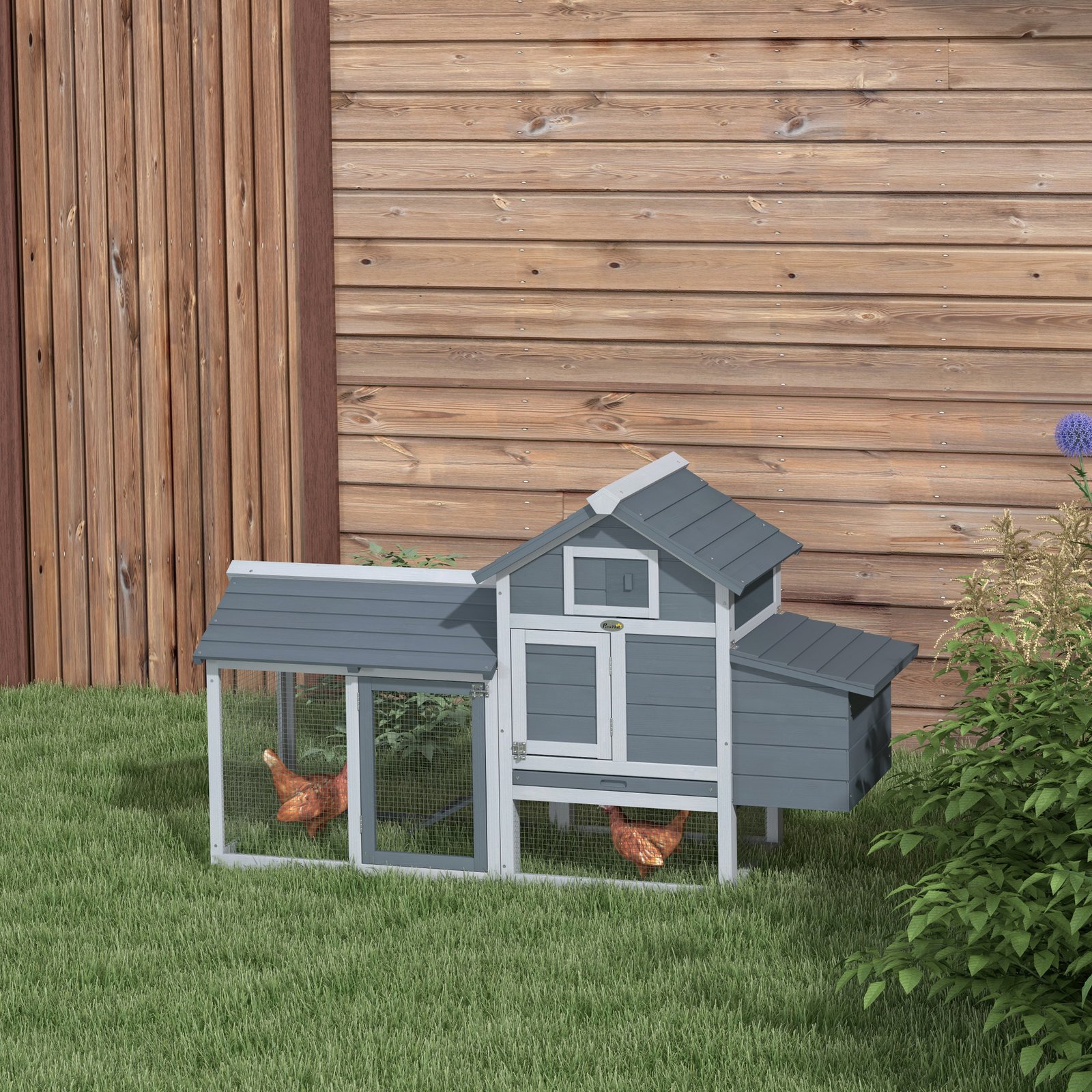 Small Chicken Coop with Nesting Box & Run, Hen House Poultry Coops Cages for 1-2 Chickens Grey 150.5 x 54 x 87cm