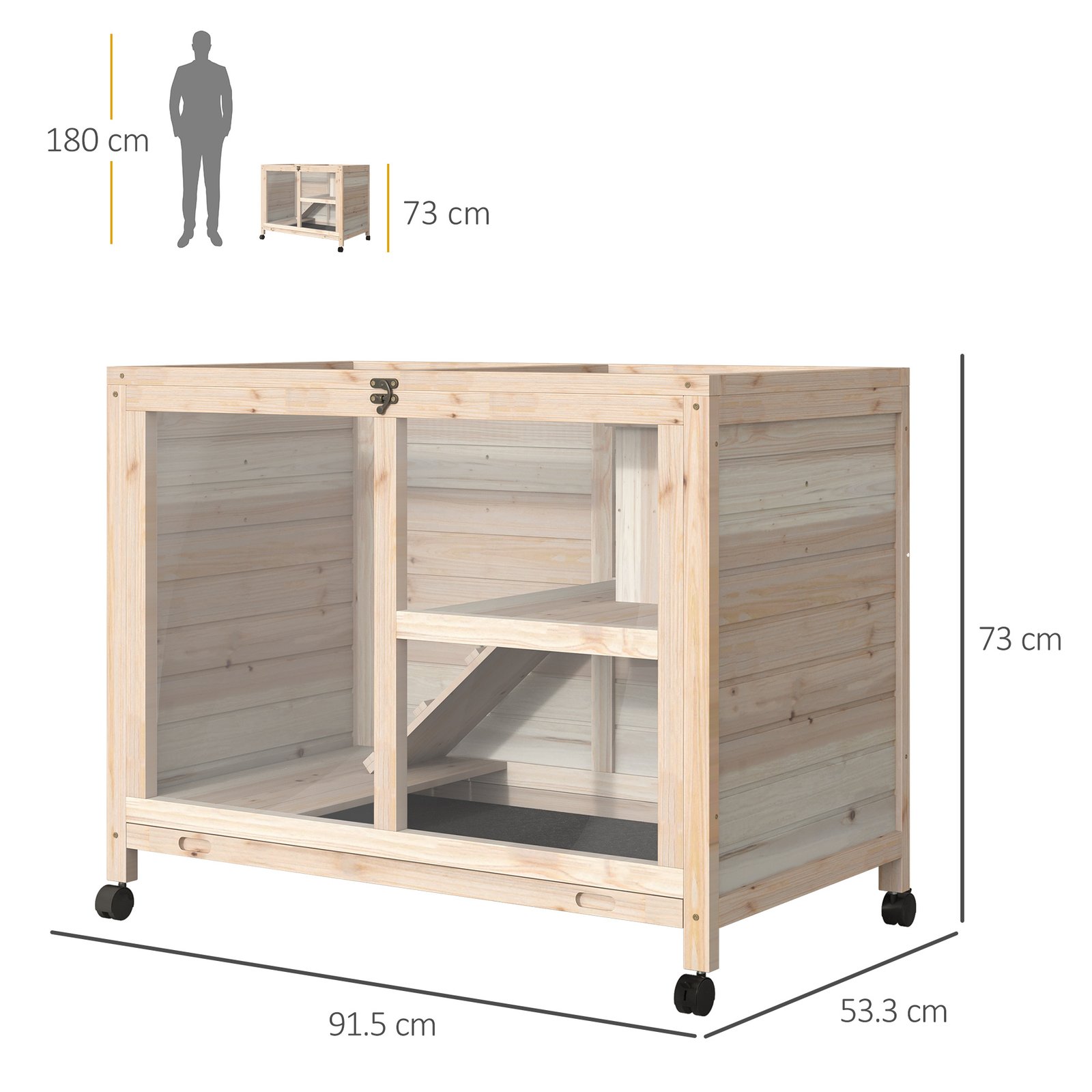 Rabbit Hutch Indoor with Wheels, Wooden Guinea Pig Hutch Hamster Cage, 2 Layers Bunny Cage with Openable Roof, Transparent Panel, 91.5 x 53.3 x 73 cm, Natural